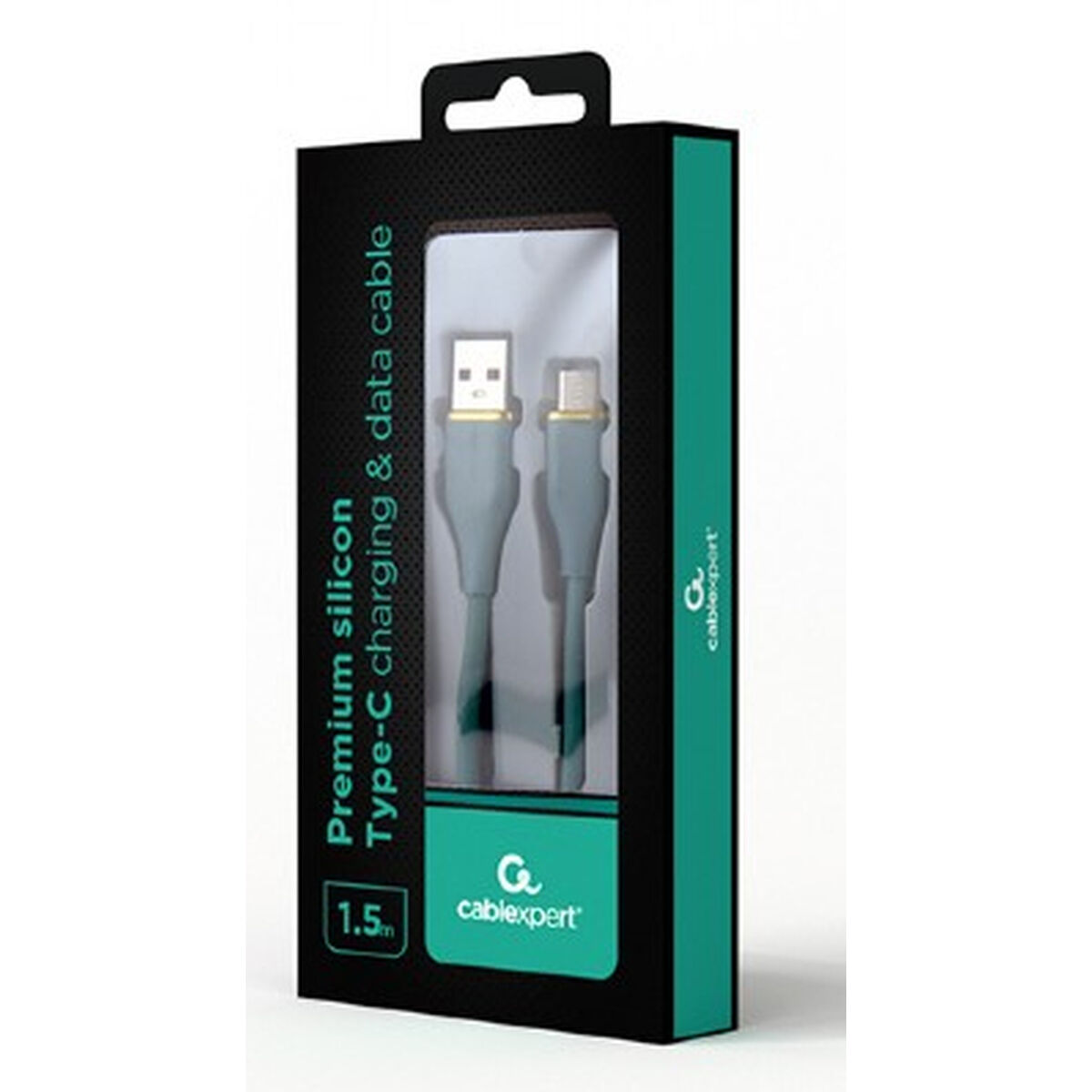 Grijze USB-C oplaad- en datakabel in doos. De doos heeft een doorzichtig venster met de kabel.