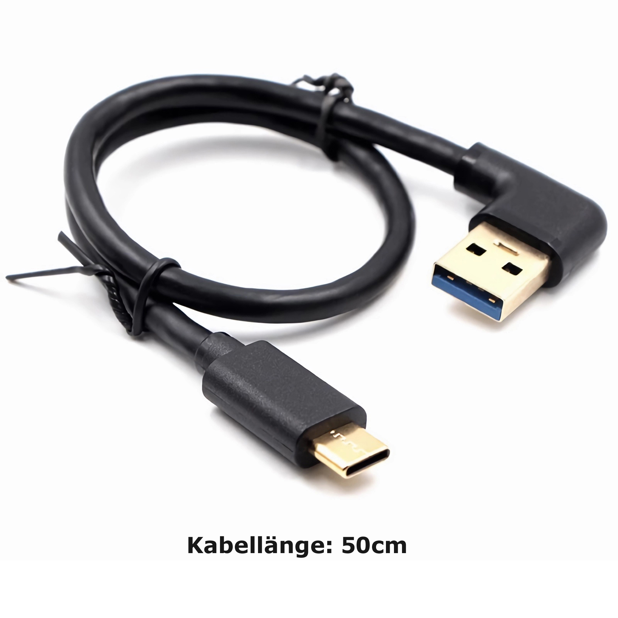 Schwarzes USB-A-zu-USB-C-Winkelkabel. Text: Kabellänge 50 cm.