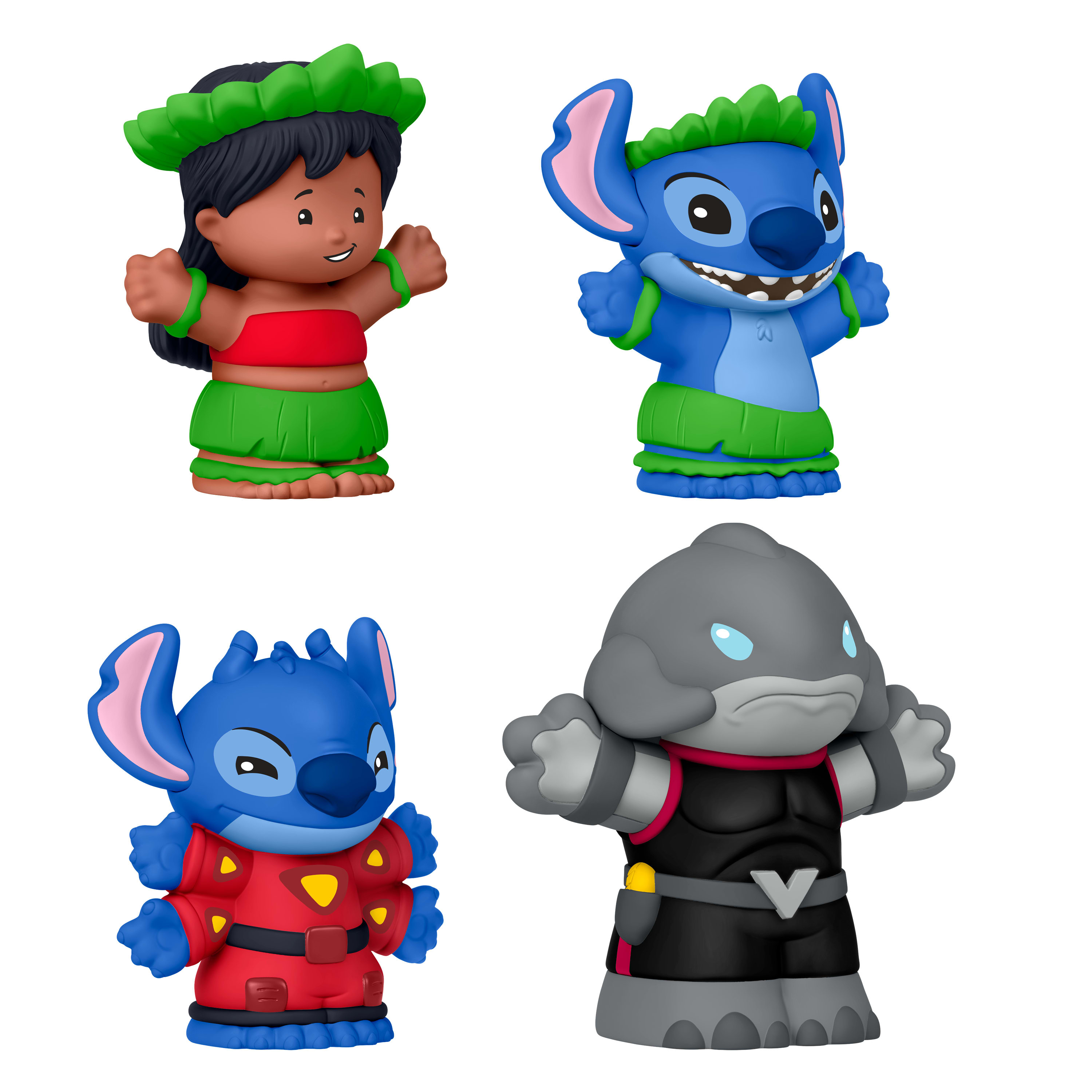 Cztery figurki Little People z Lilo & Stitch: Lilo, Stitch, Stitch w czerwonym i szary kosmita.