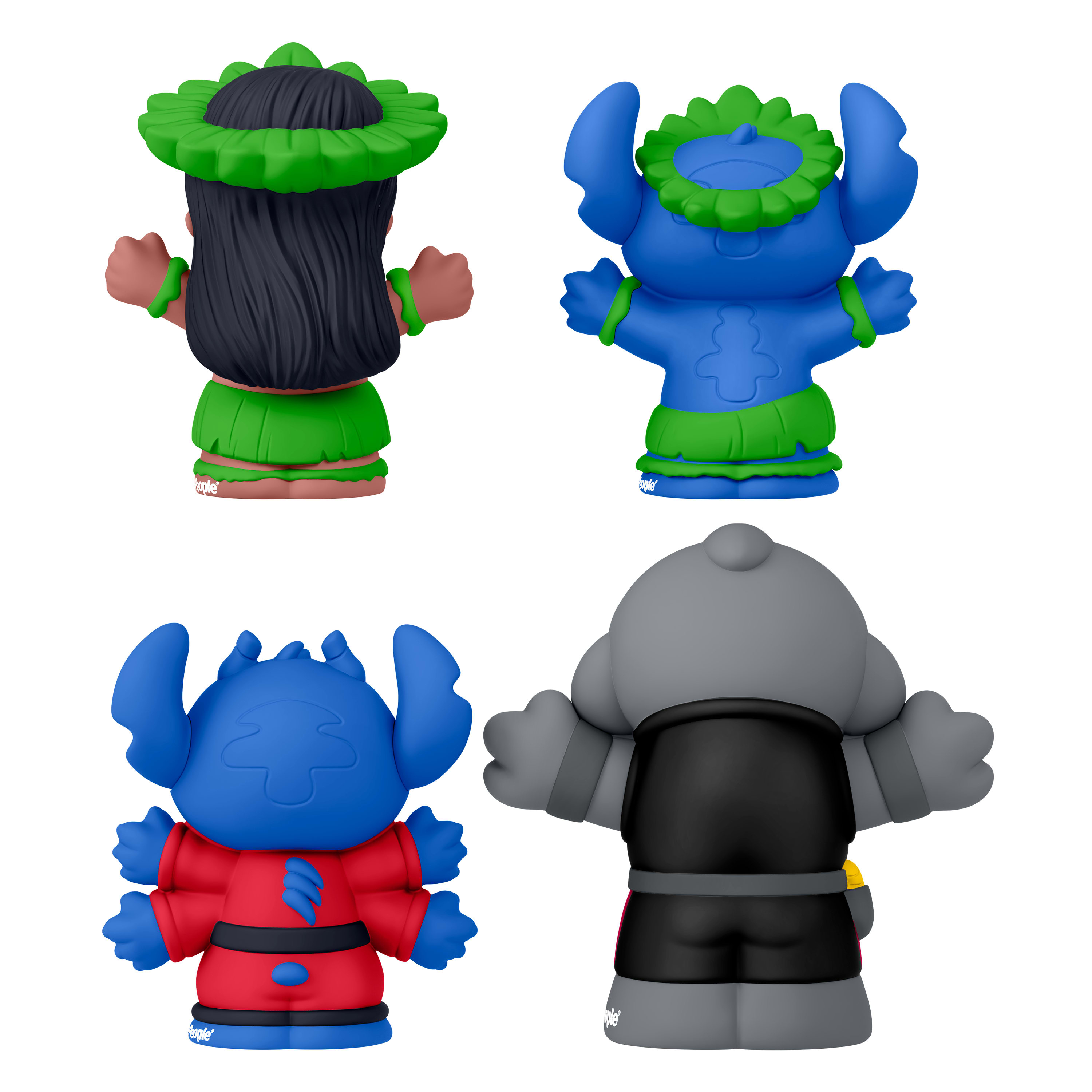 Vier Stitch-figuren van achteren, in verschillende outfits, tegen een witte achtergrond.