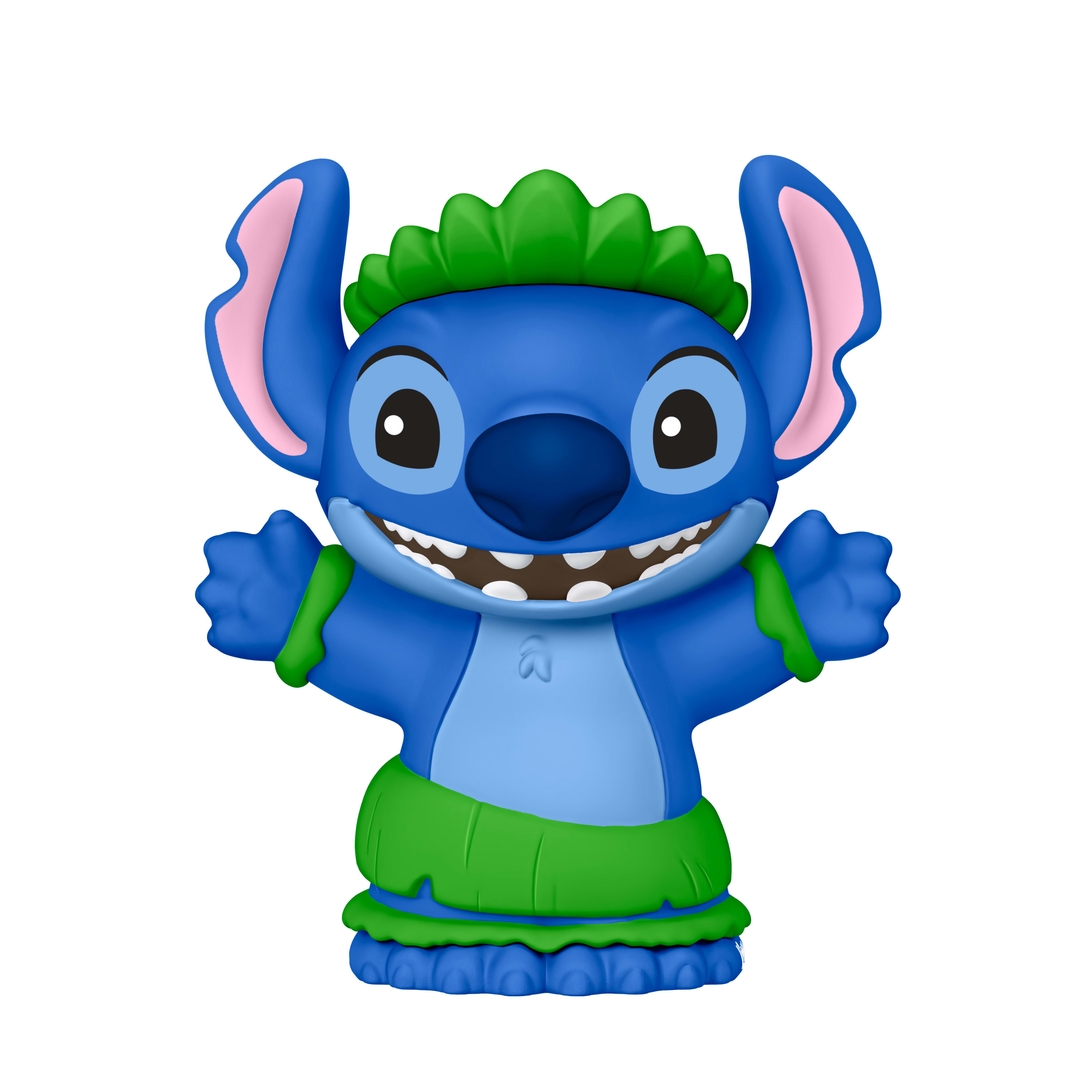 Niebieska figurka Stitch w spódnicy hula i lei, uśmiechnięta, z wyciągniętymi ramionami, białe tło.