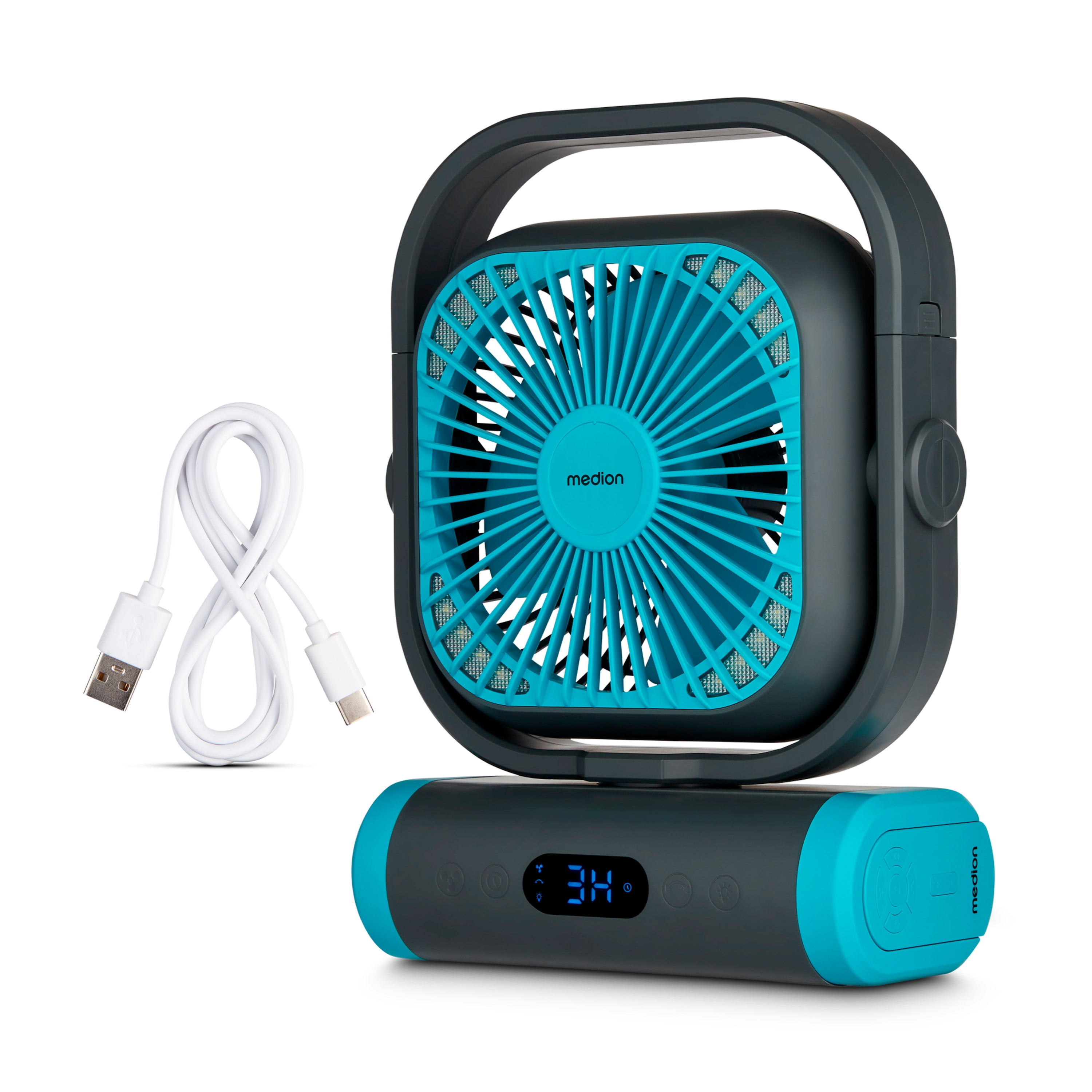 A turquoise and grey portable fan with a handle, and a white USB cable.