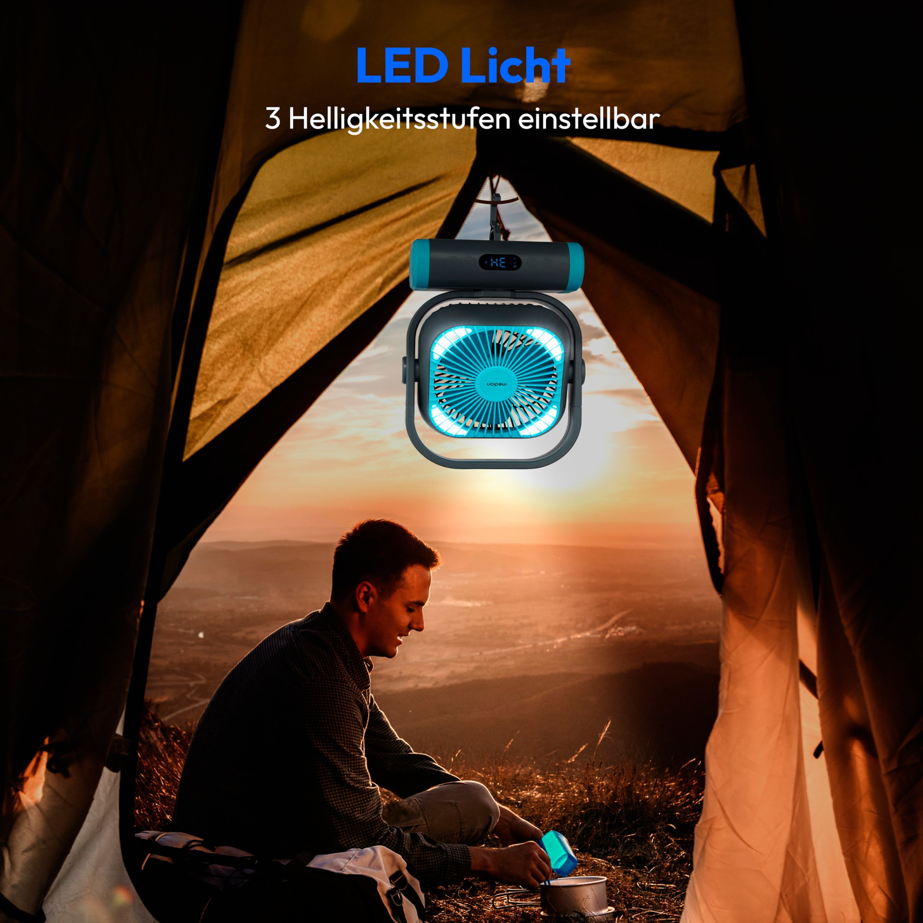 Man inside a tent with a portable fan, sunset in the background, and text about LED light.