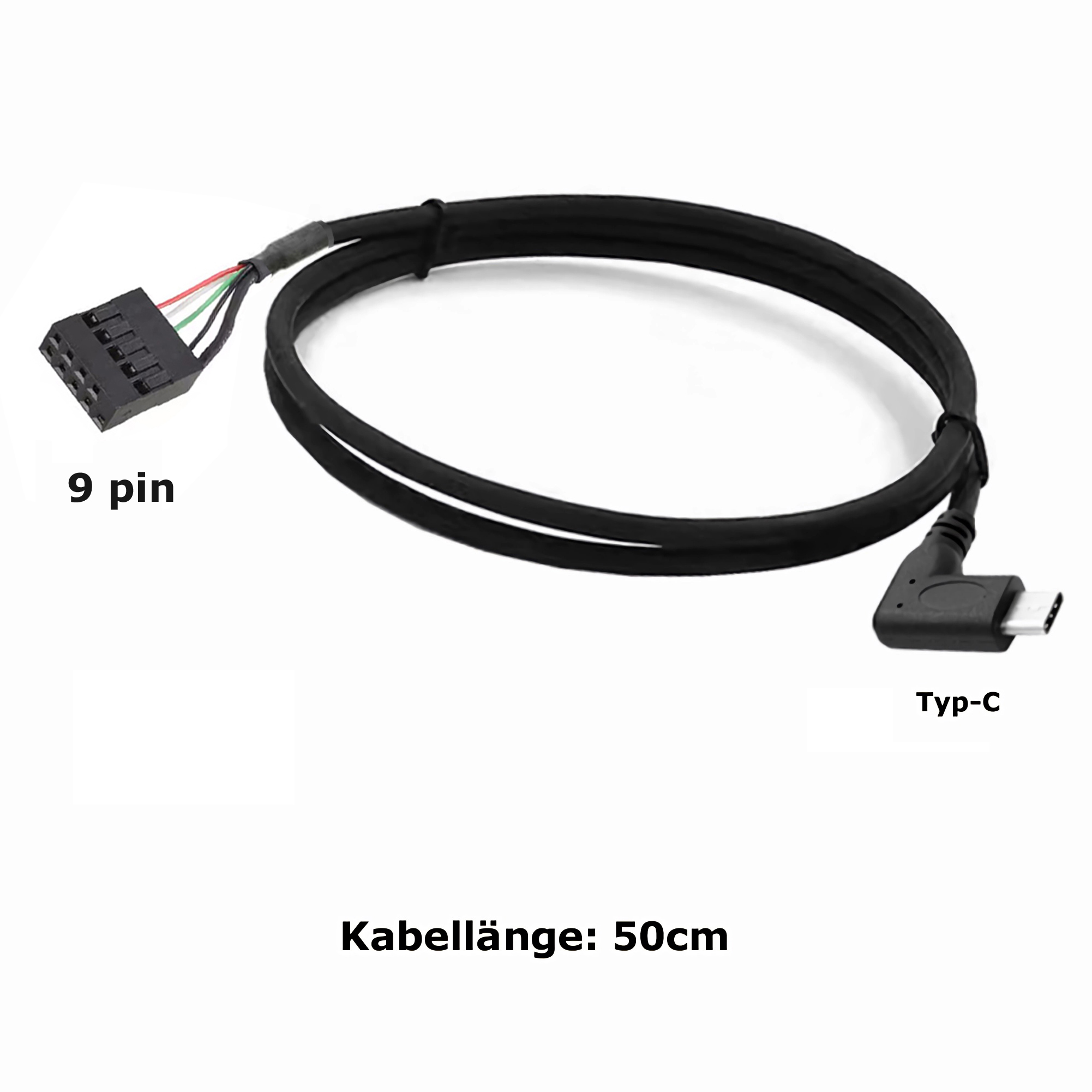 Schwarzes Kabel mit 9-poligem Stecker und Typ-C-Anschluss. Text: Kabellänge: 50cm.