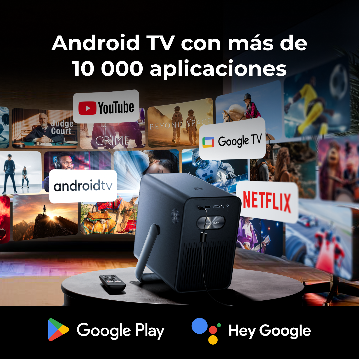 Un proyector muestra iconos de aplicaciones, incluyendo YouTube, Netflix y Google TV. Se muestra un mando a distancia.