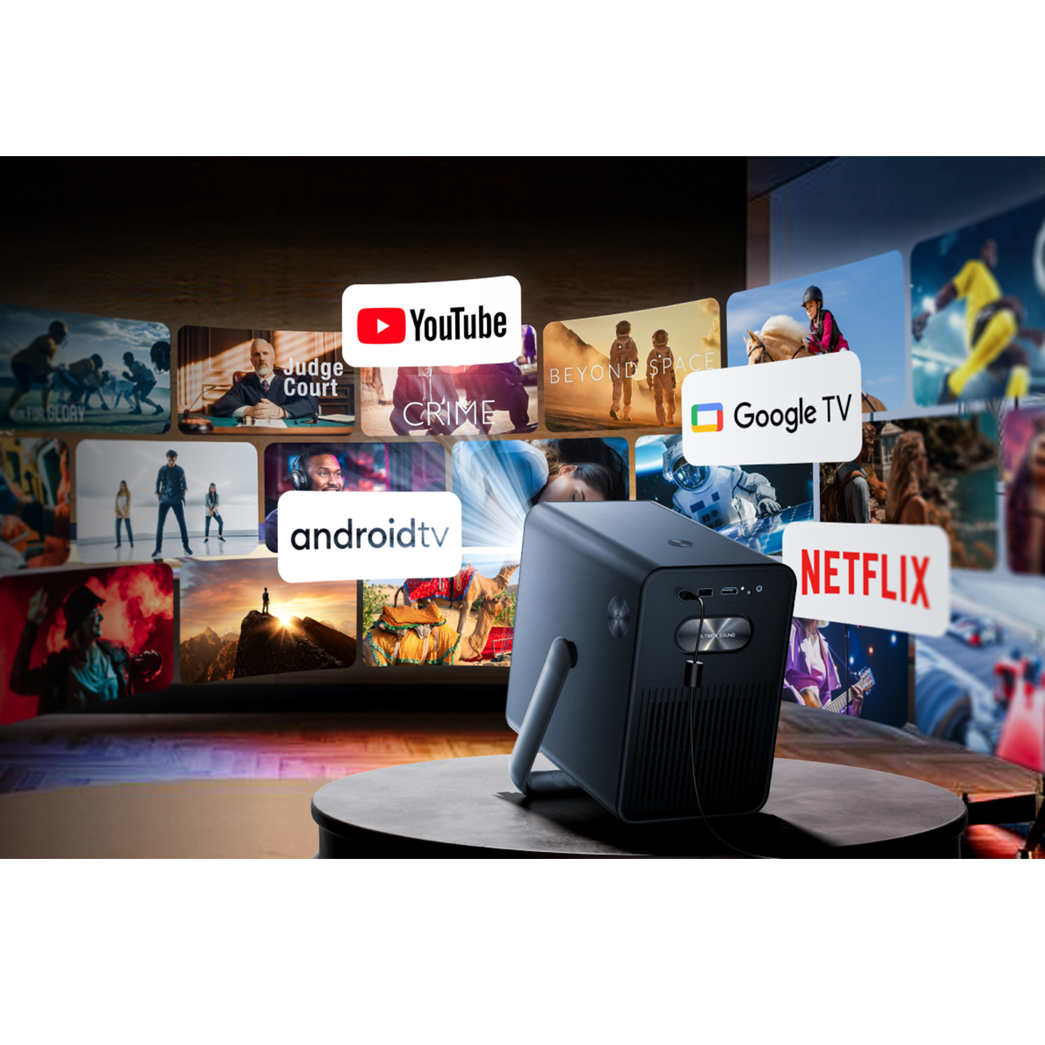 Un proyector negro muestra iconos de aplicaciones en una pantalla. Las aplicaciones incluyen YouTube, Netflix y Google TV.