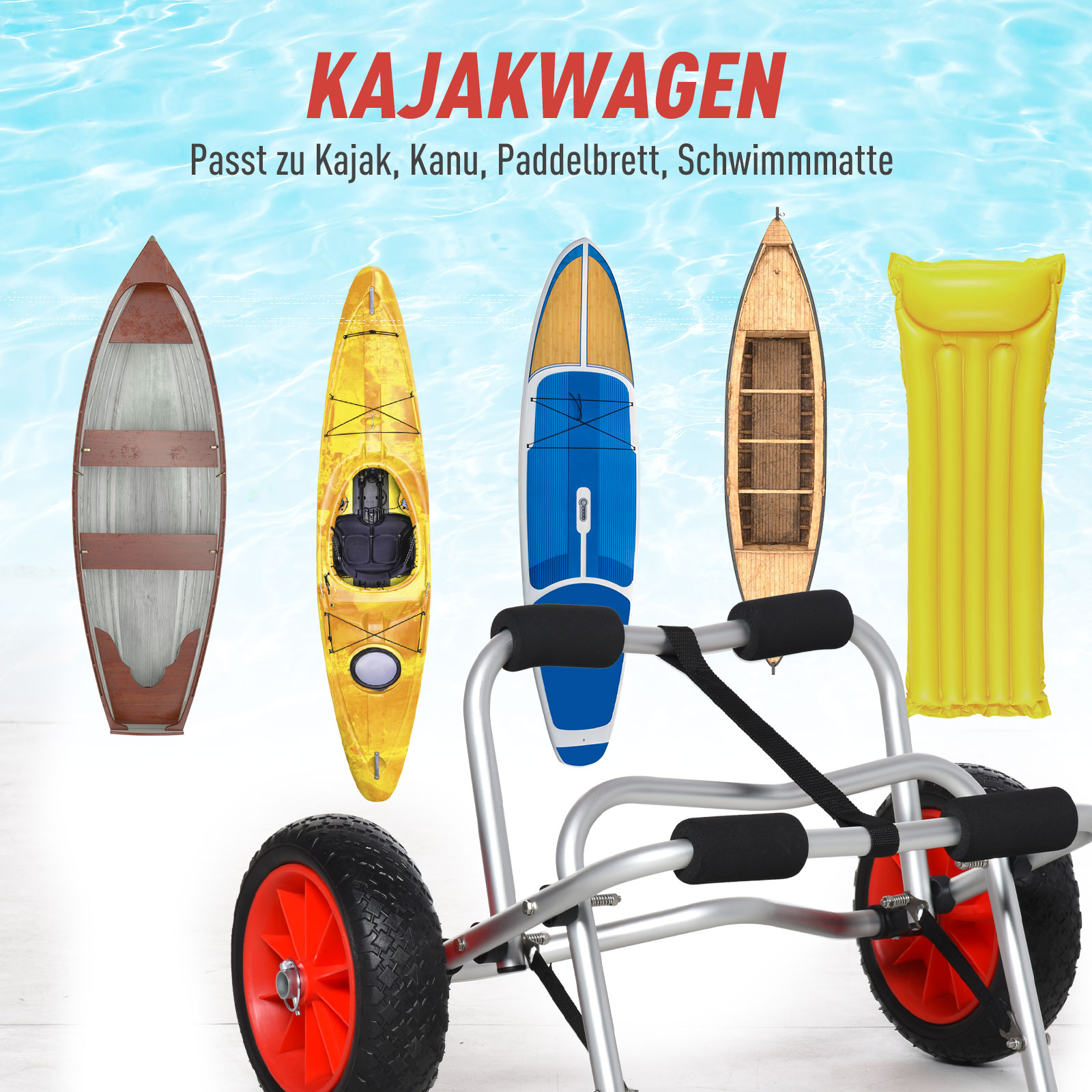 Kajaks und ein gelbes Schlauchboot, mit einem Wagen mit orangen Rädern.
