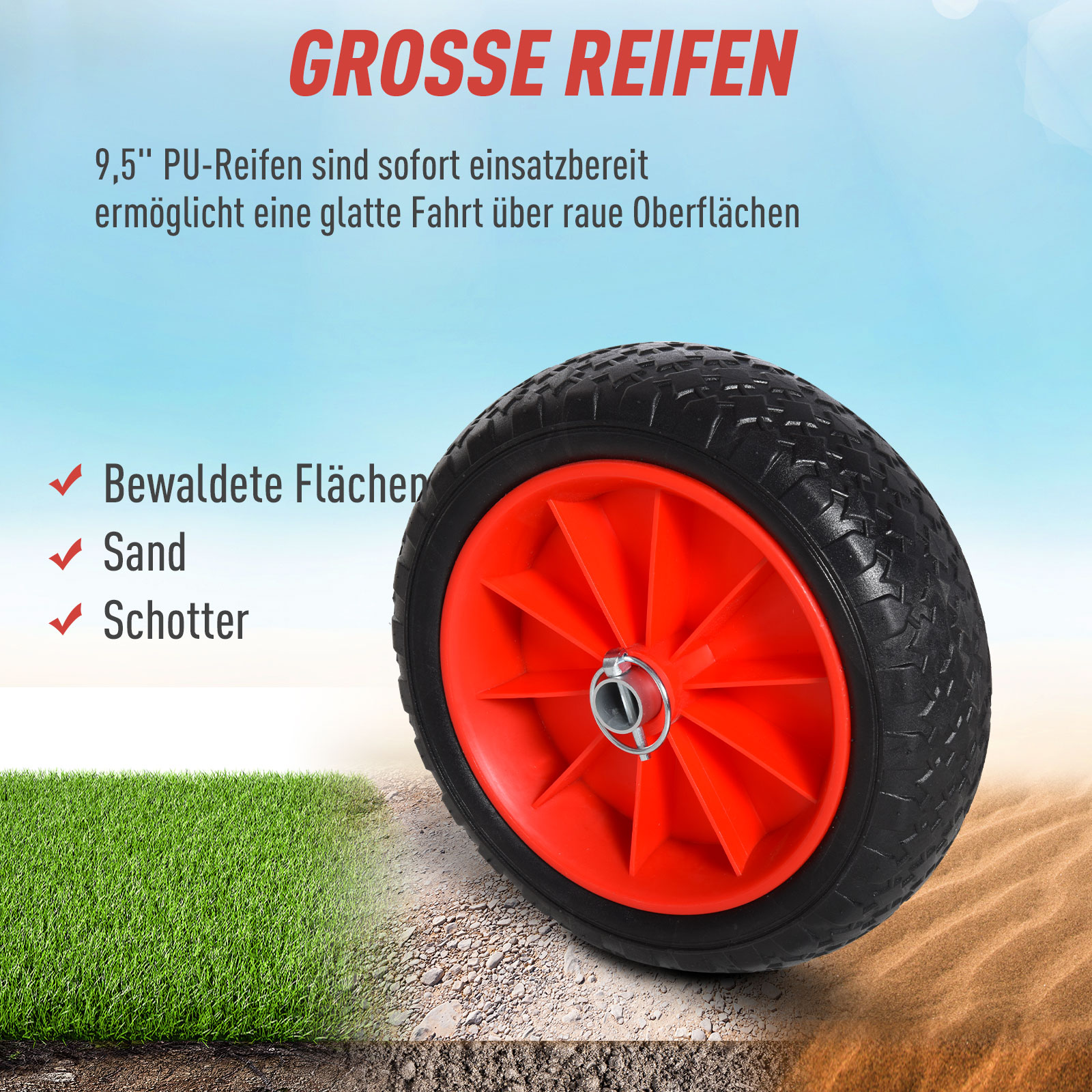Orange Rad auf Sand, Gras und Text über geeignete Oberflächen.