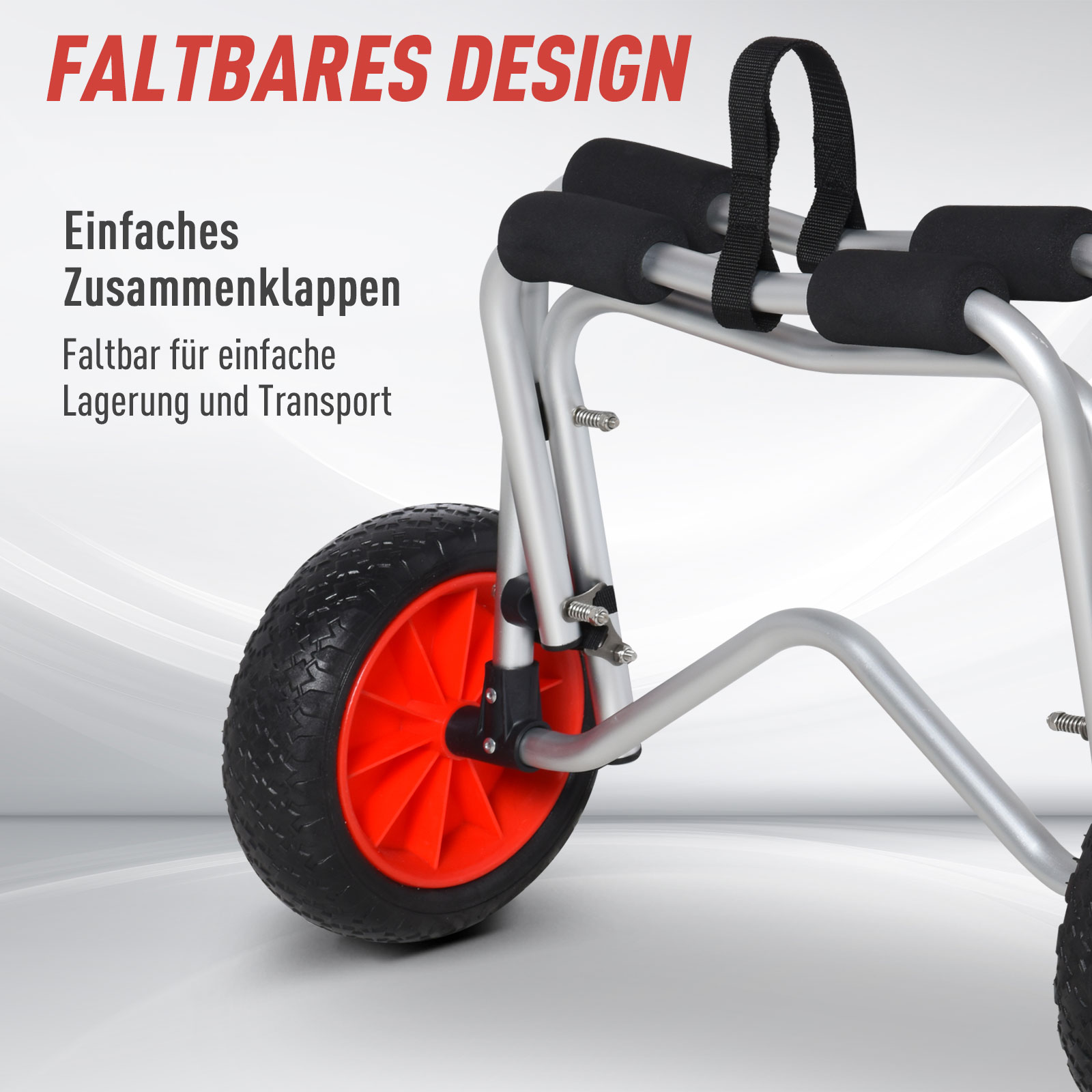 Rollstuhl für Haustiere mit roten Rädern und schwarzen Griffen. Der Rahmen ist silberfarben, der Text lautet 'Faltbares Design' in Rot.