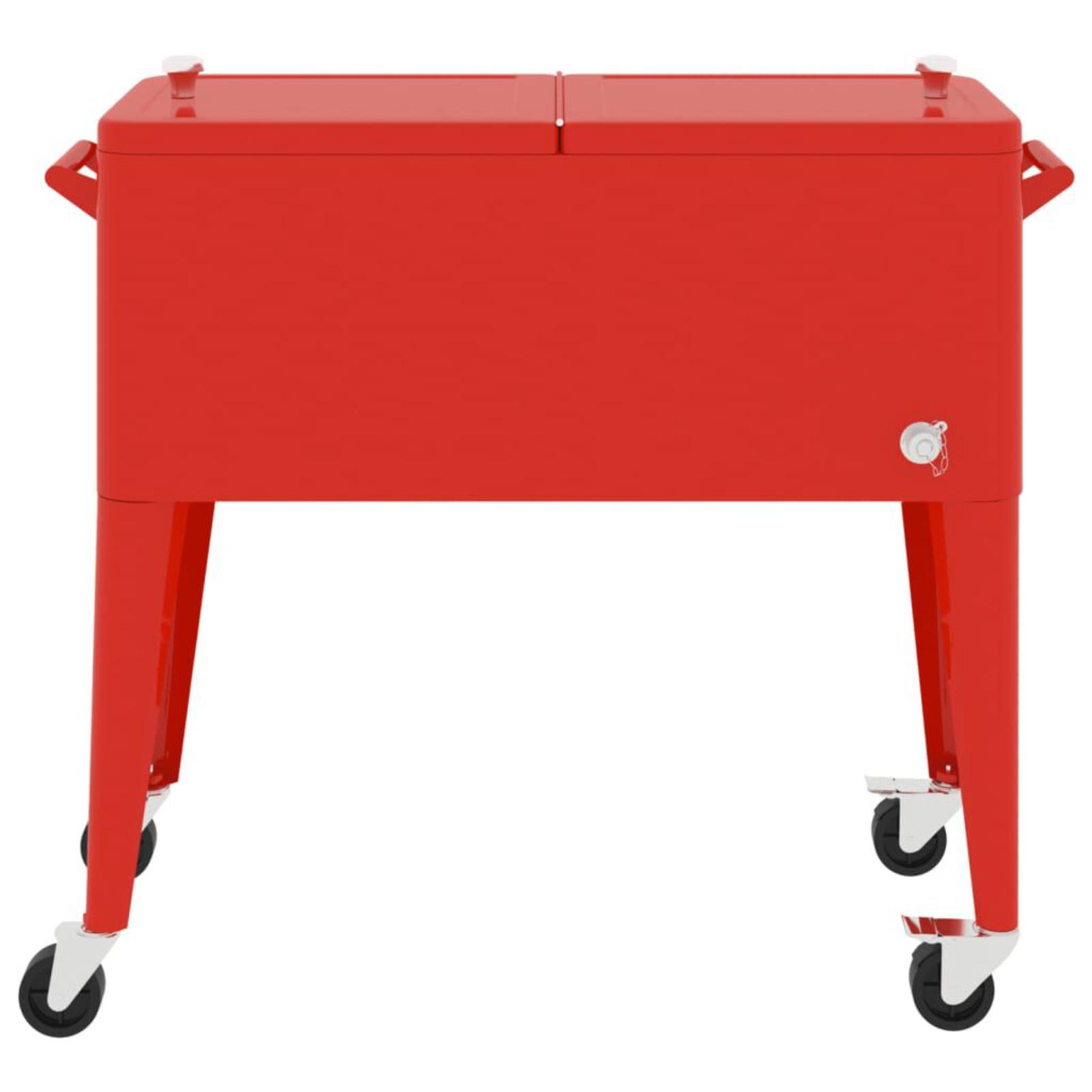 Ein roter Kühler auf Rädern mit Griffen. Er hat einen weißen Wasserhahn und einen flachen Deckel. Die Räder sind schwarz und weiß.