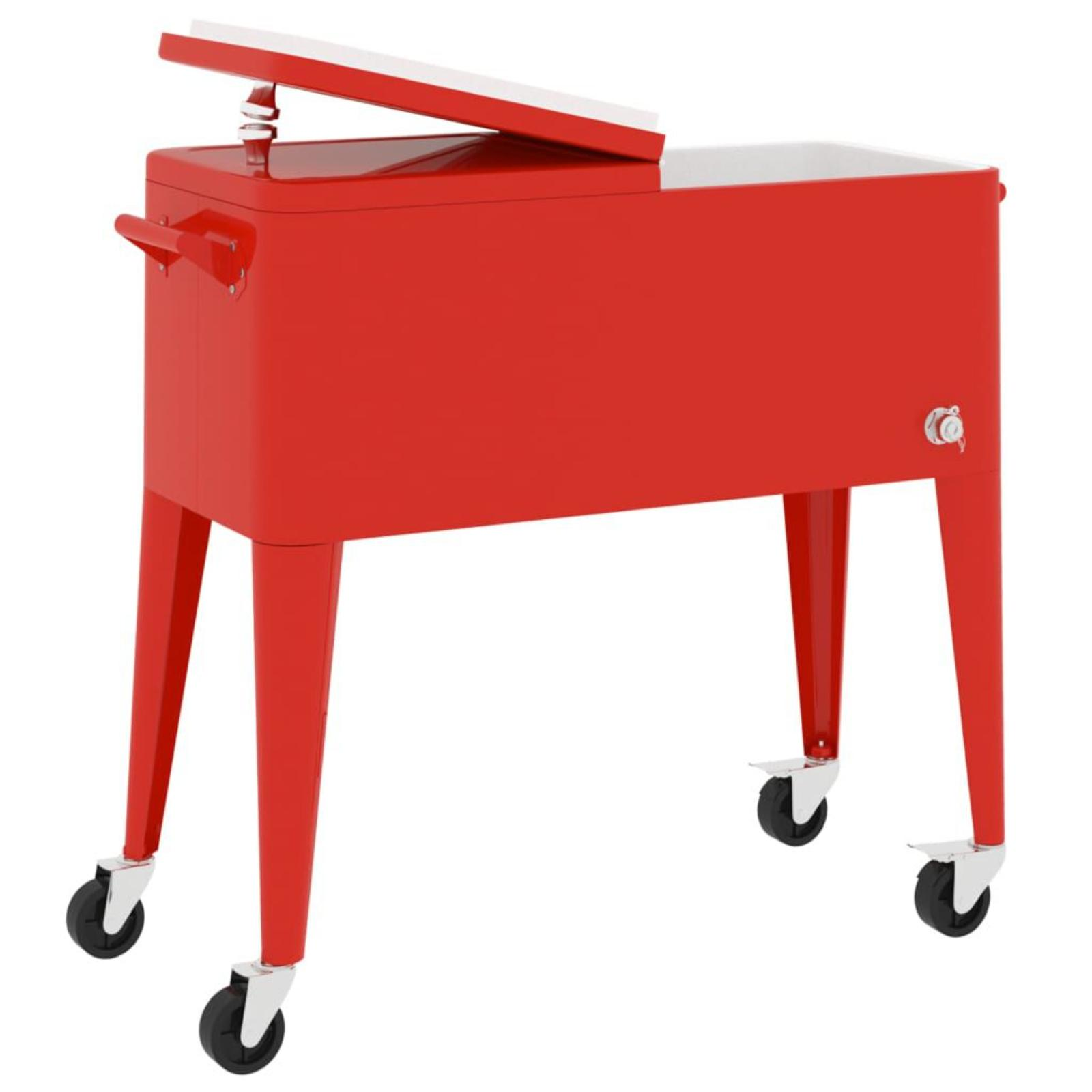 Eine rote Kühlbox mit offenem Deckel, der das weiße Innere zeigt, einem Griff, Rädern und einem Wasserhahn.