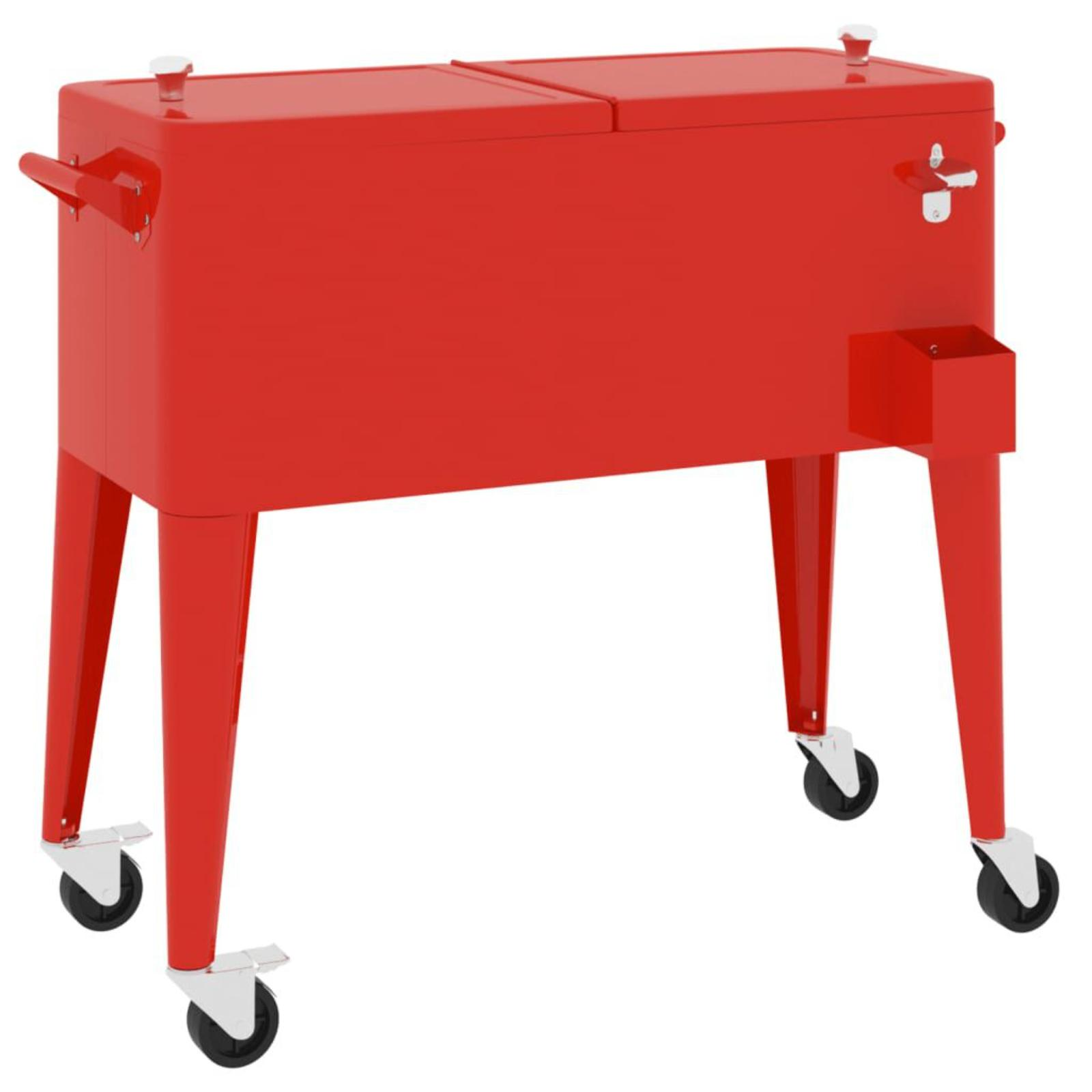 Rote Kühlbox mit zwei Deckeln, einem Griff und Rädern. Sie hat einen Wasserhahn und einen Flaschenöffner.
