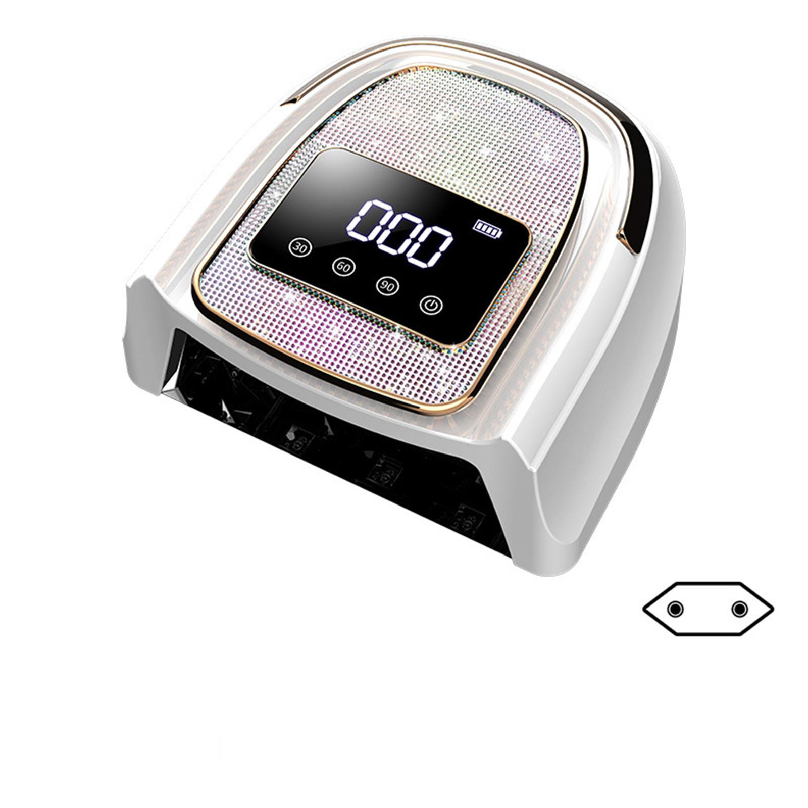 Eine weiße und goldene Nagellampe mit digitaler Anzeige und drei Timereinstellungen.