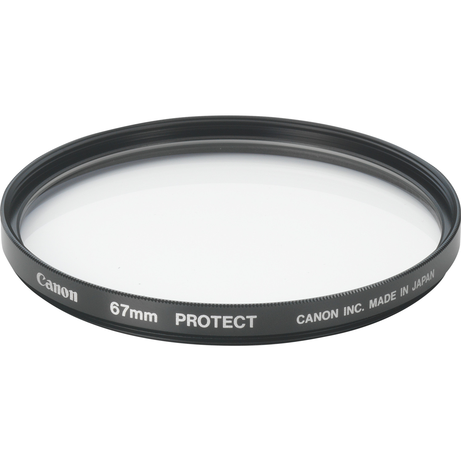 Schwarzer Canon Schutzfilter. Weißer Text: 67mm, Protect. Schwarzer Ring.
