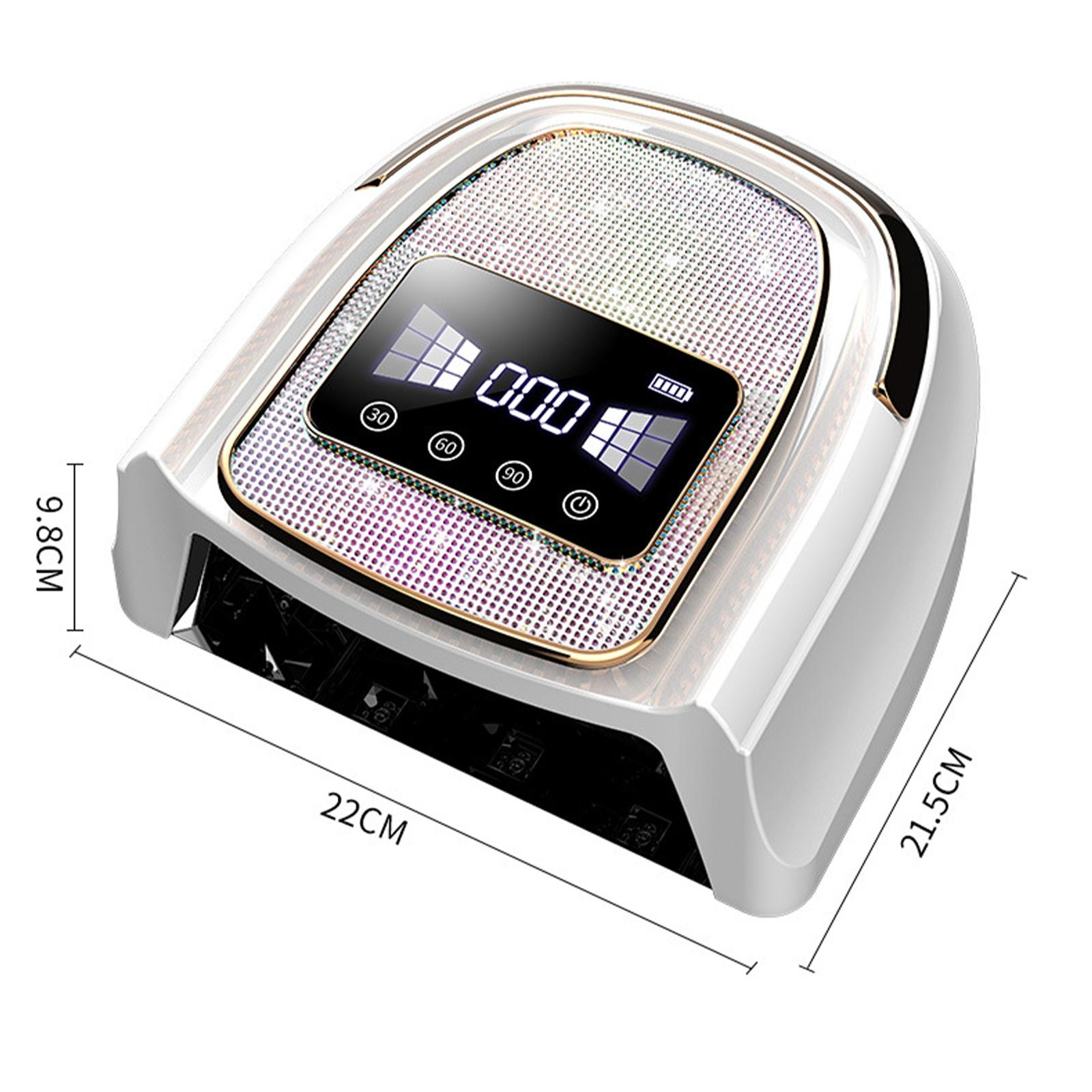 Weißer und goldener Nageltrockner mit Digitalanzeige. Maße werden angezeigt.