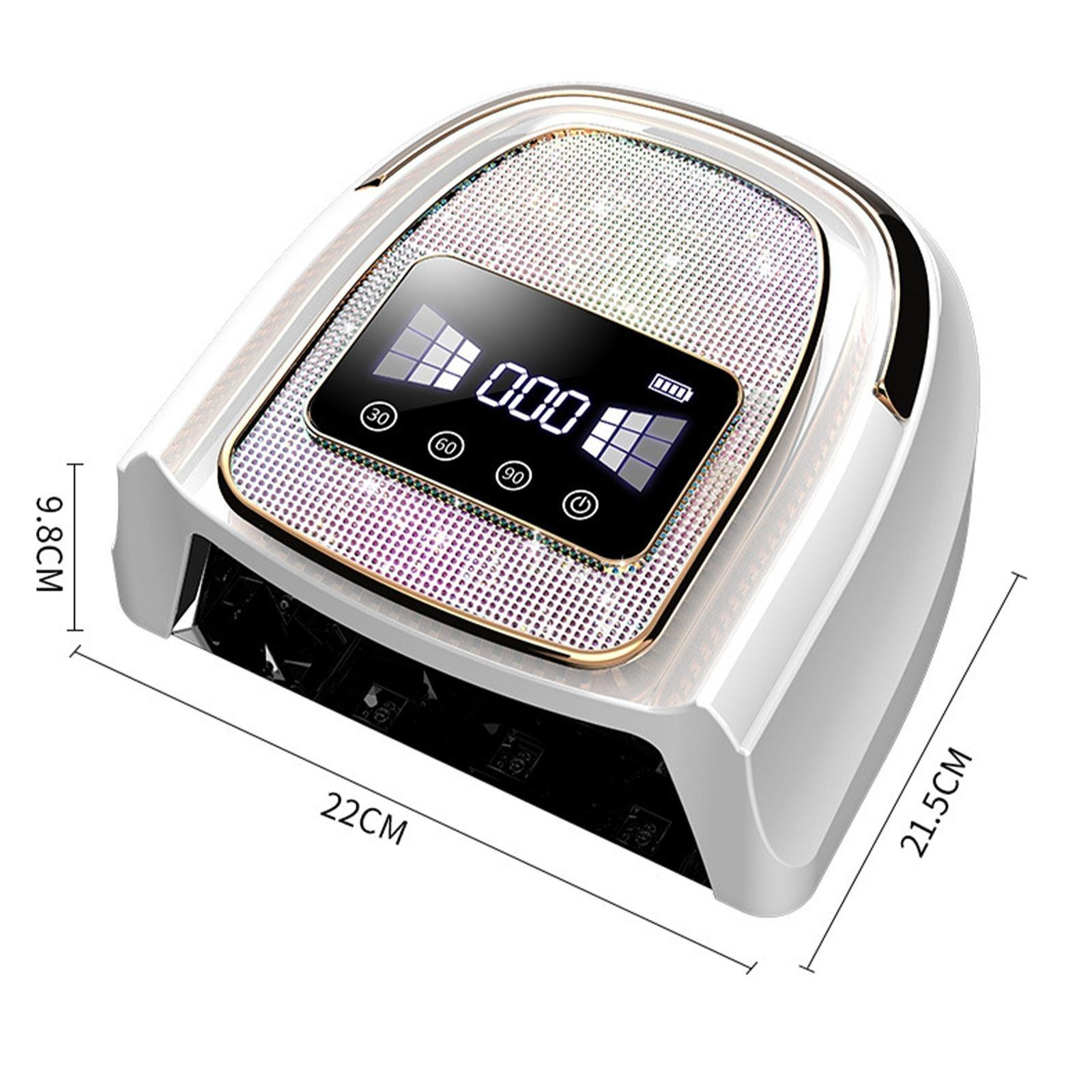 Weißer und goldener Nageltrockner mit Digitalanzeige. Maße werden angezeigt.