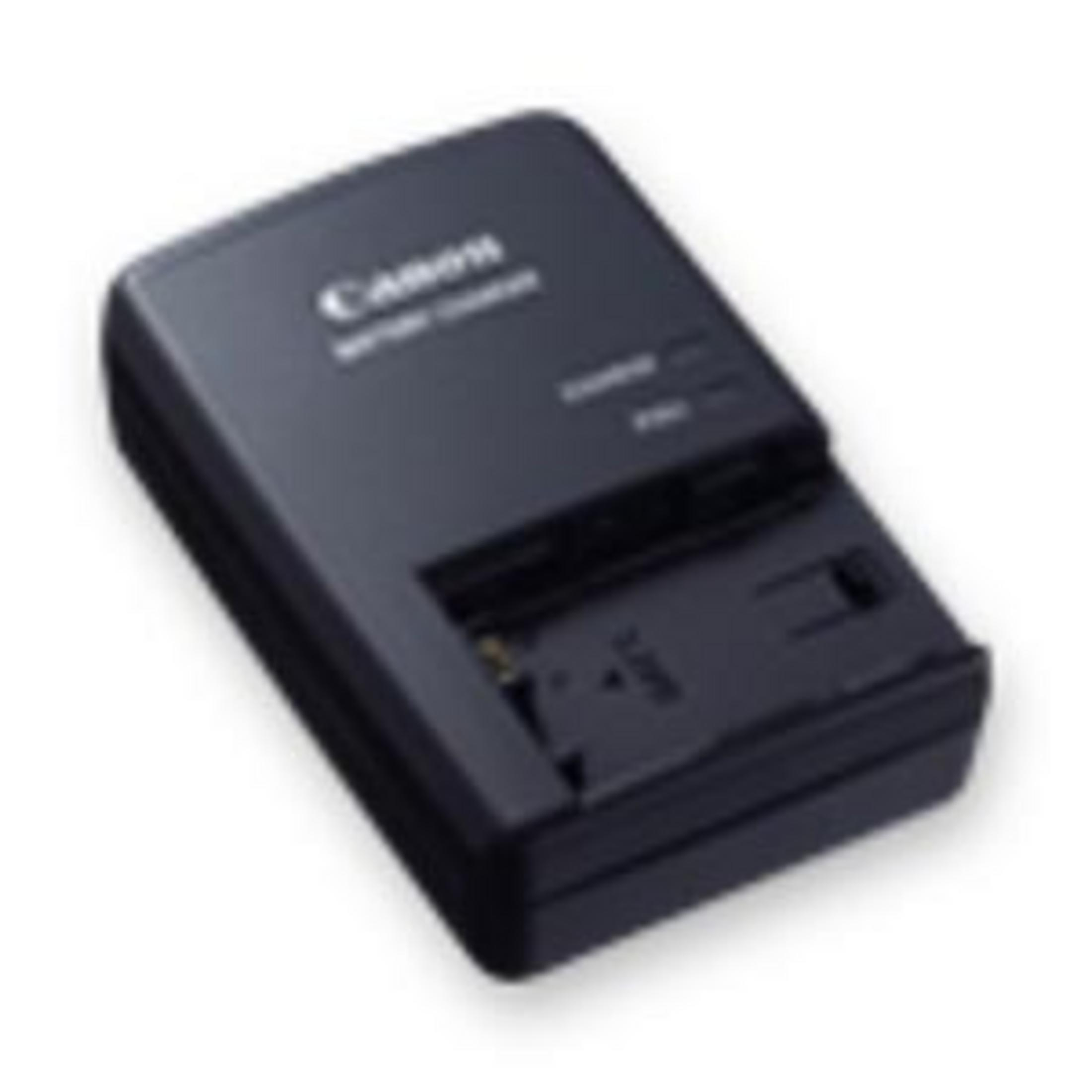 Schwarzes Canon Batterieladegerät mit Akku-Steckplatz, schräge Ansicht.