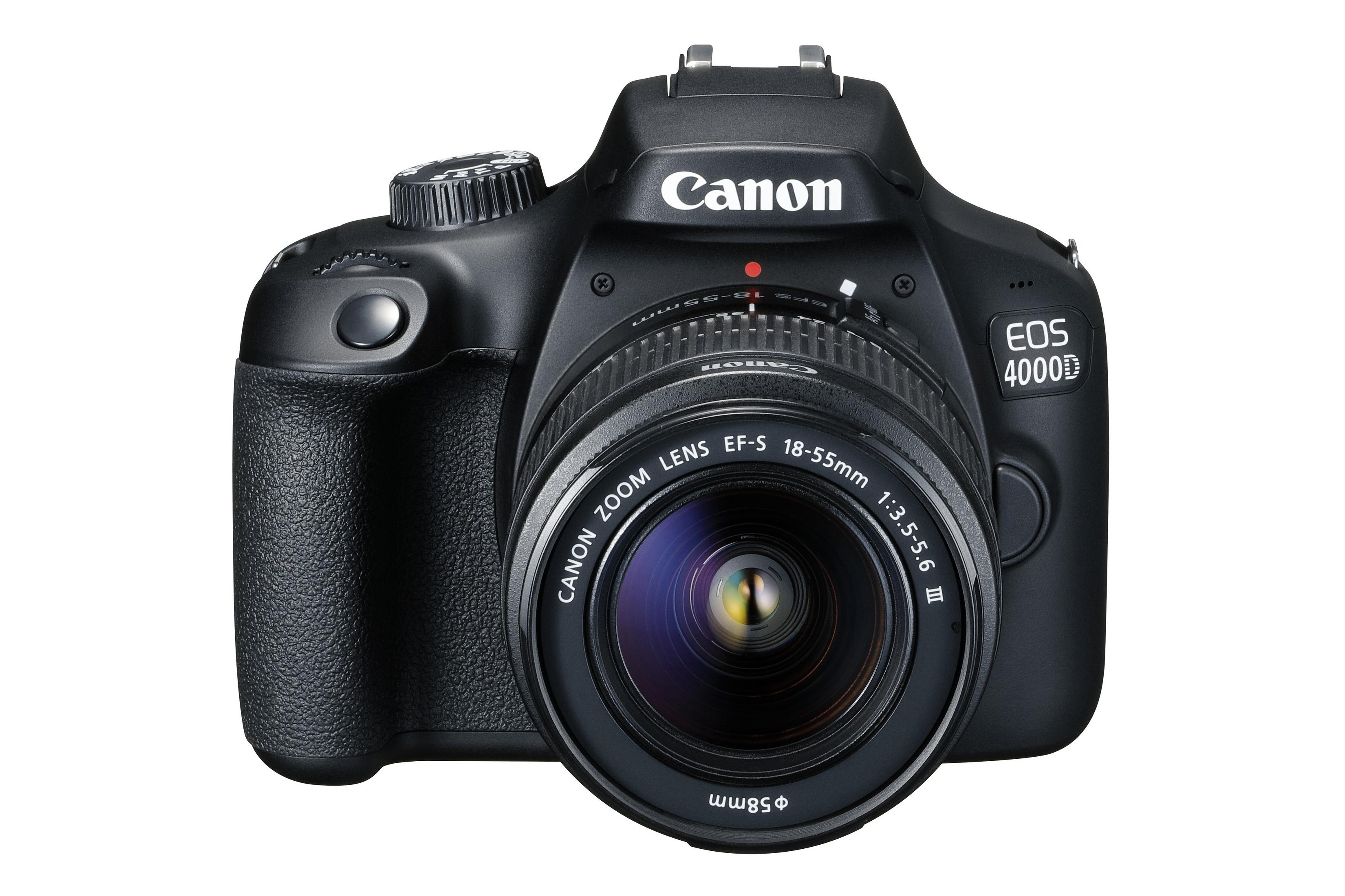Black Canon EOS 4000D camera with a lens attached, front view.