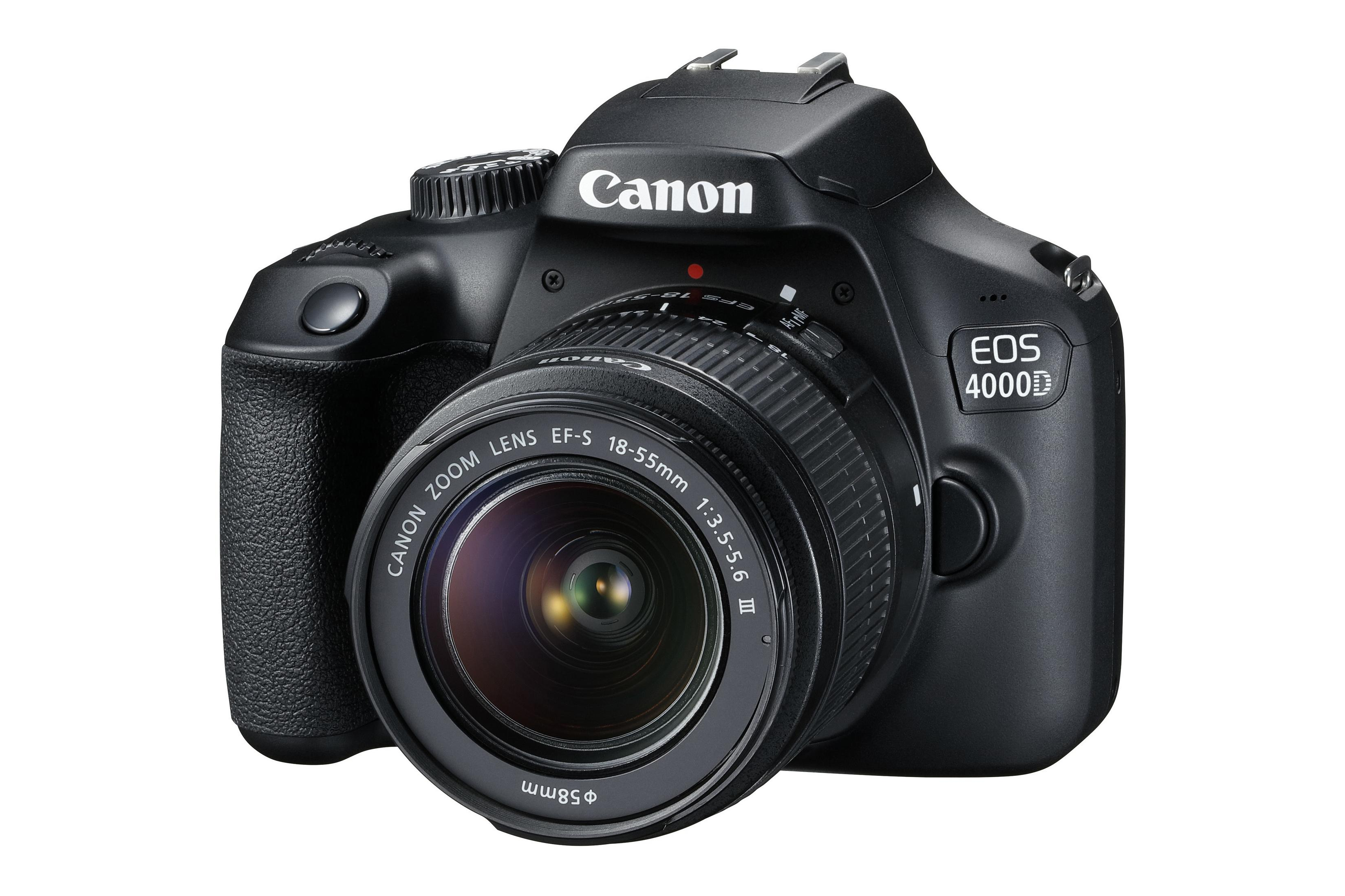 Black Canon EOS 4000D camera with lens, front view.