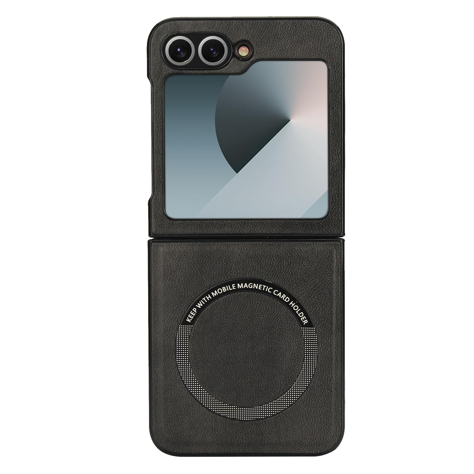 Custodia per telefono nera con supporto magnetico circolare e piega aperta, sfondo nero.