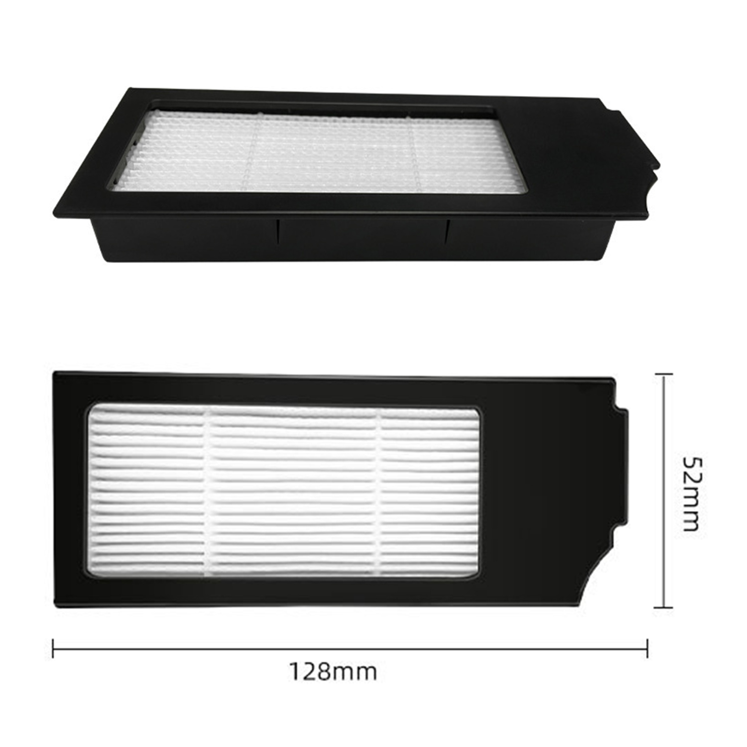 Er worden twee zwarte stofzuigerfilters getoond. De afmetingen zijn zichtbaar, 128 mm en 52 mm.