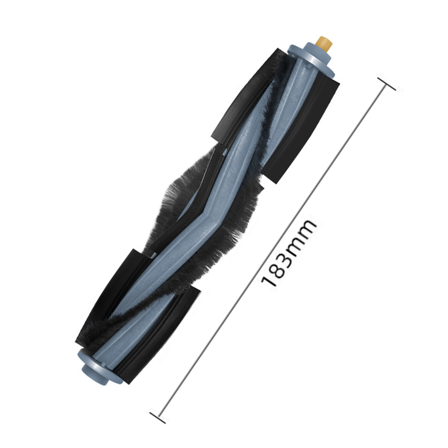 Rolborstel voor stofzuiger. Grijze en zwarte borstel met een afmeting van 183 mm. Geïsoleerd op witte achtergrond.