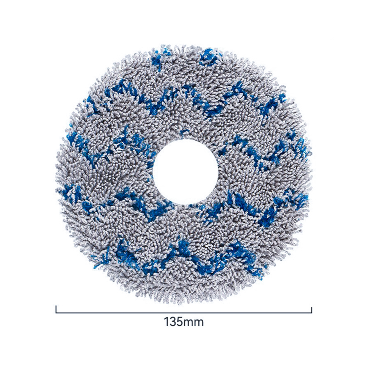 Een ronde, grijze en blauwe dweilpad met een wit midden. De diameter is 135 mm.