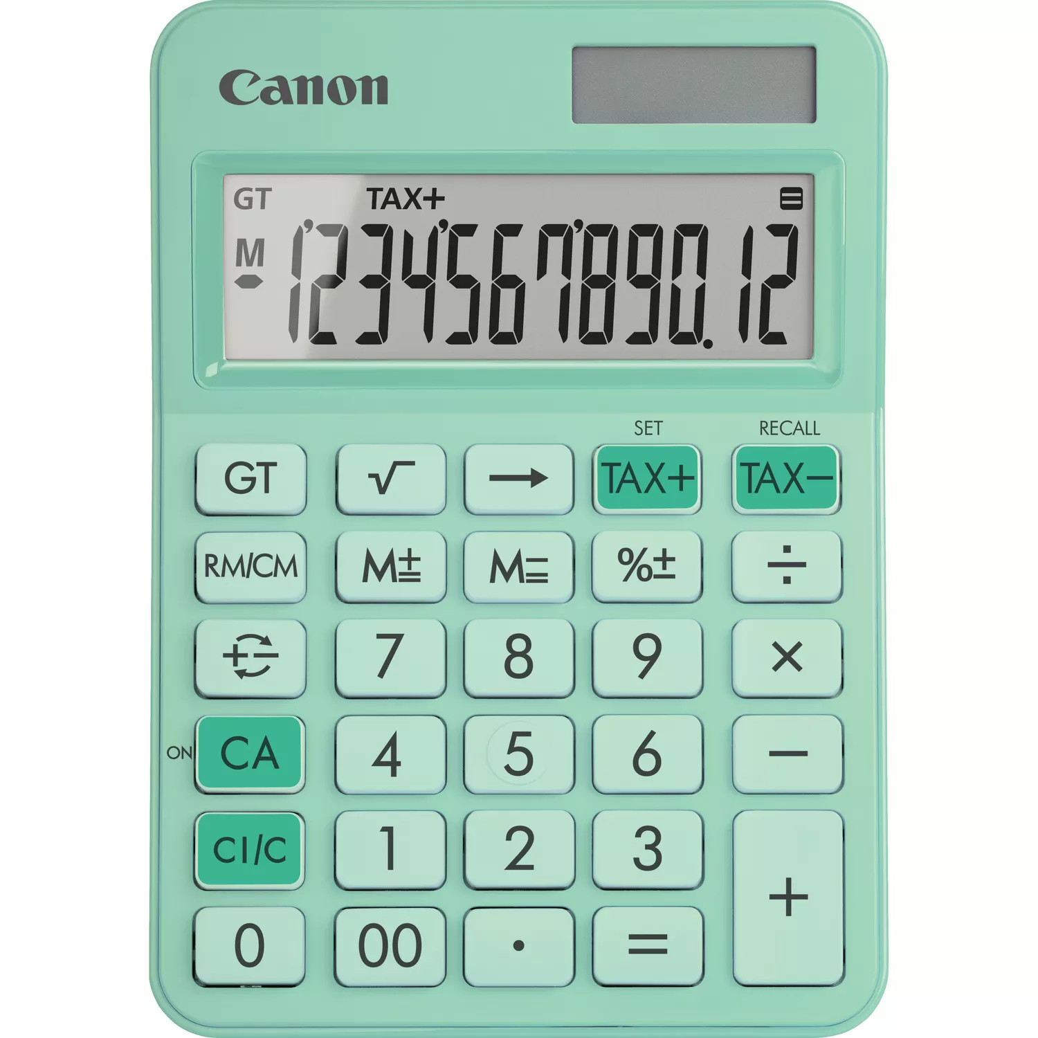 Een groene rekenmachine met cijfers en knoppen. Het merk is Canon.