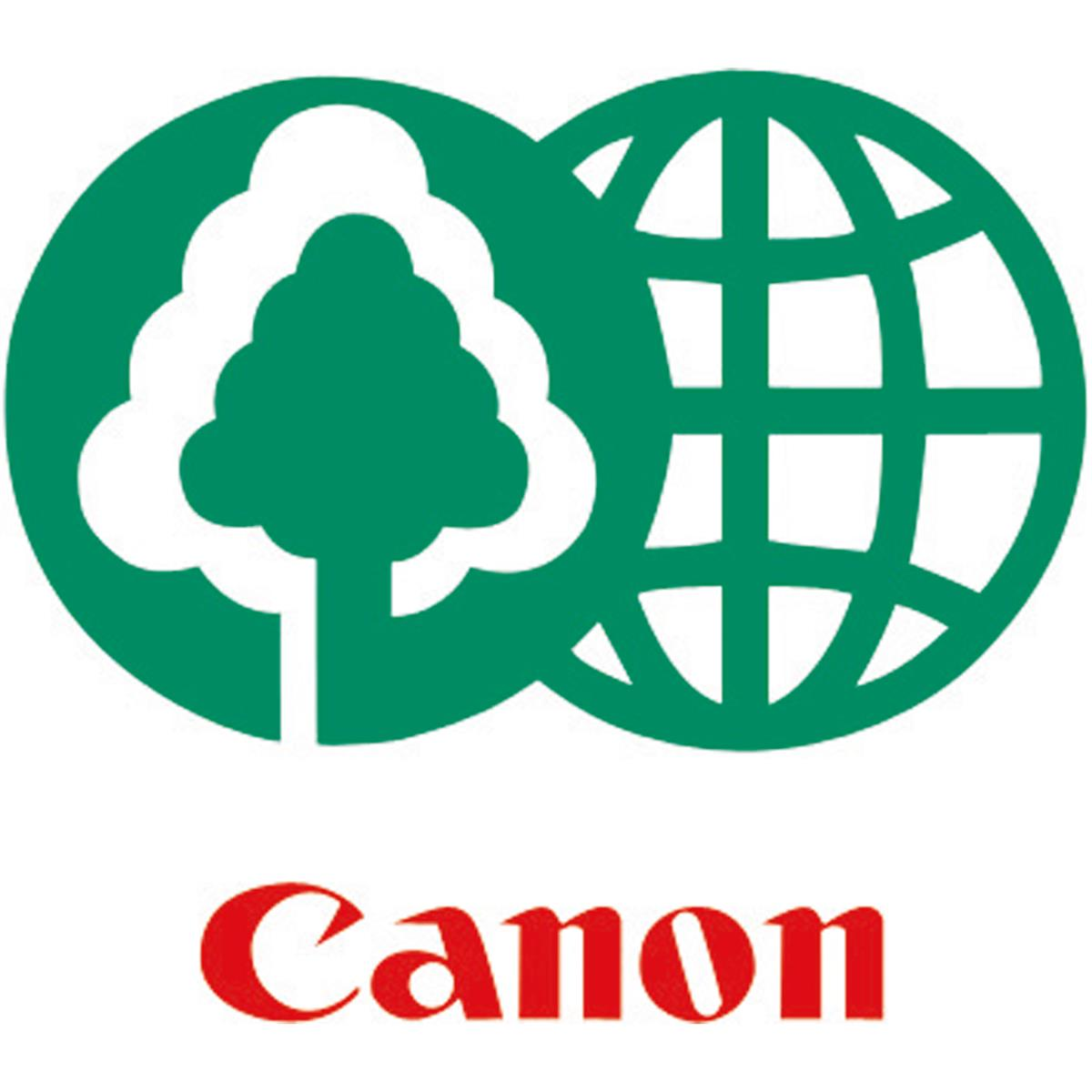 Logo Canon: zielona kula ziemska i drzewo, czerwony napis Canon, na białym tle.