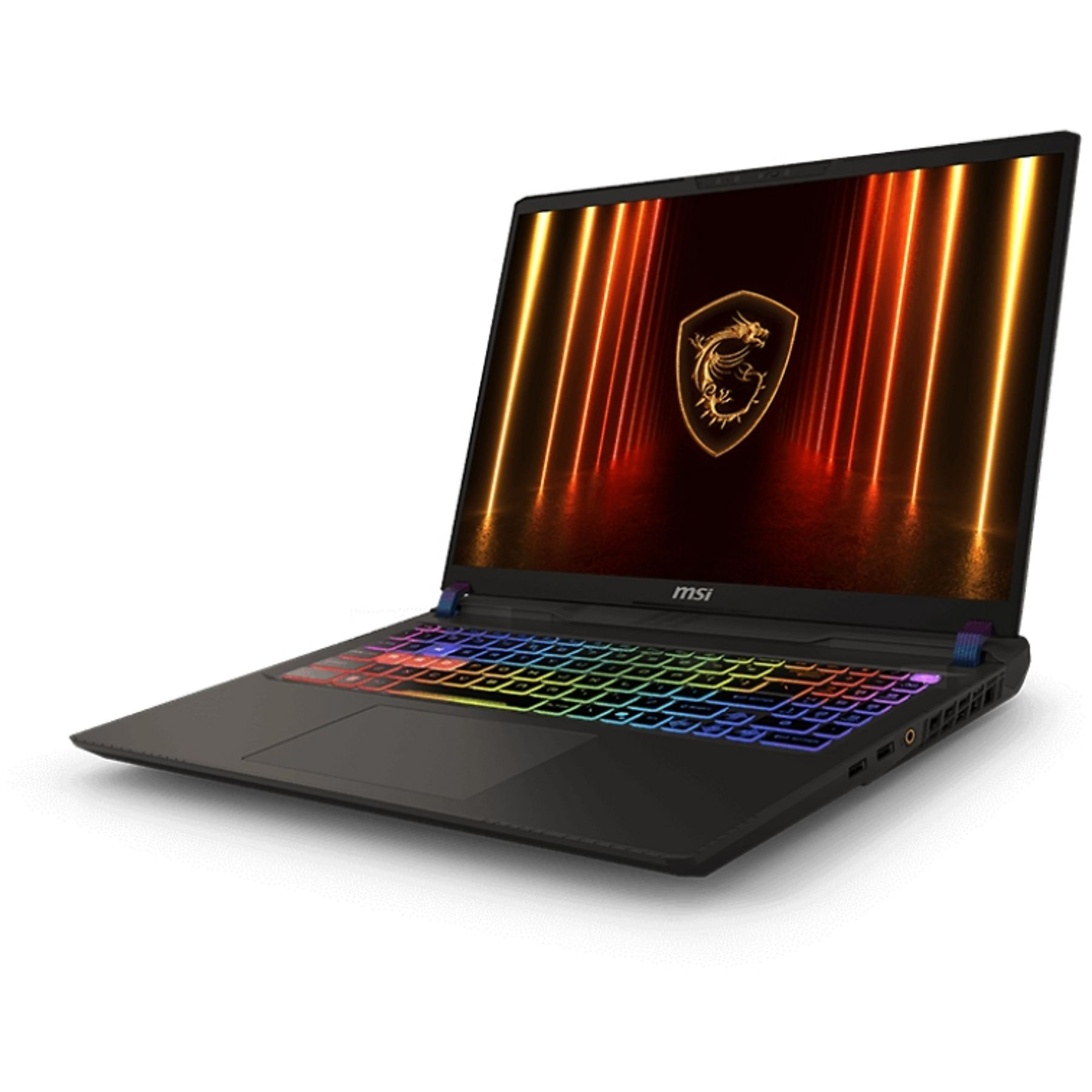 Laptop MSI con schermo che mostra un logo del drago, su sfondo bianco.