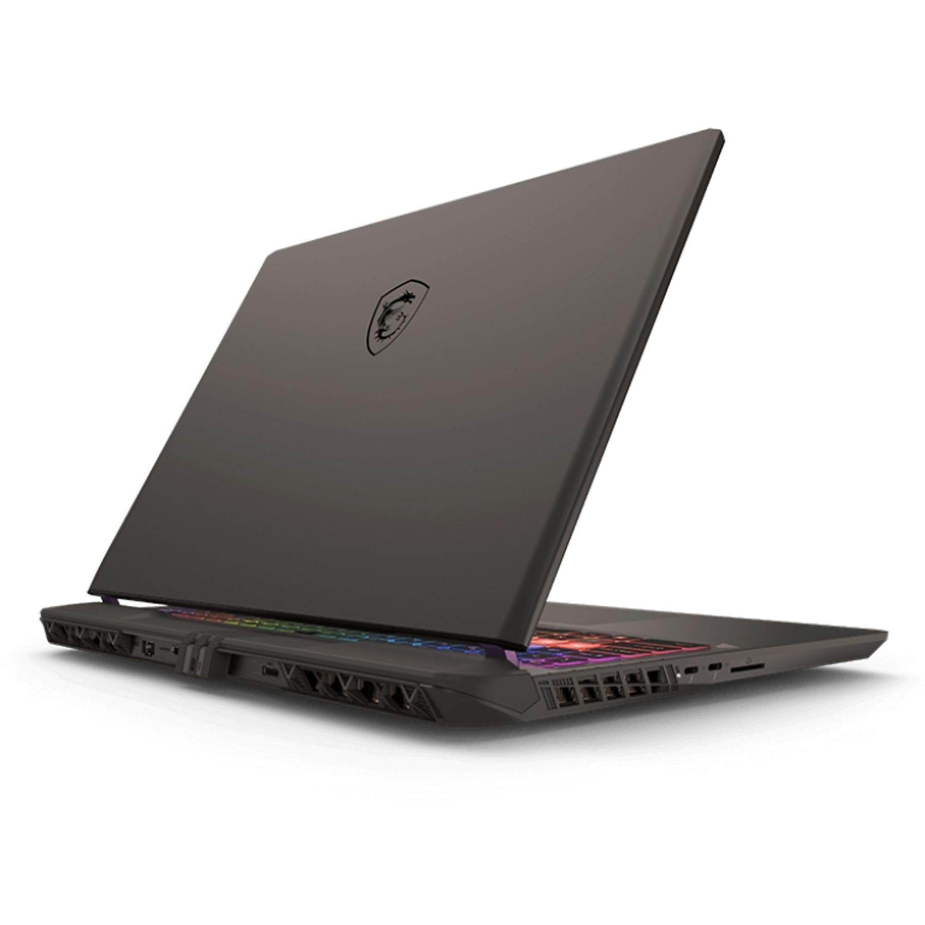 Laptop MSI con tastiera illuminata e schermo chiuso, su sfondo bianco.