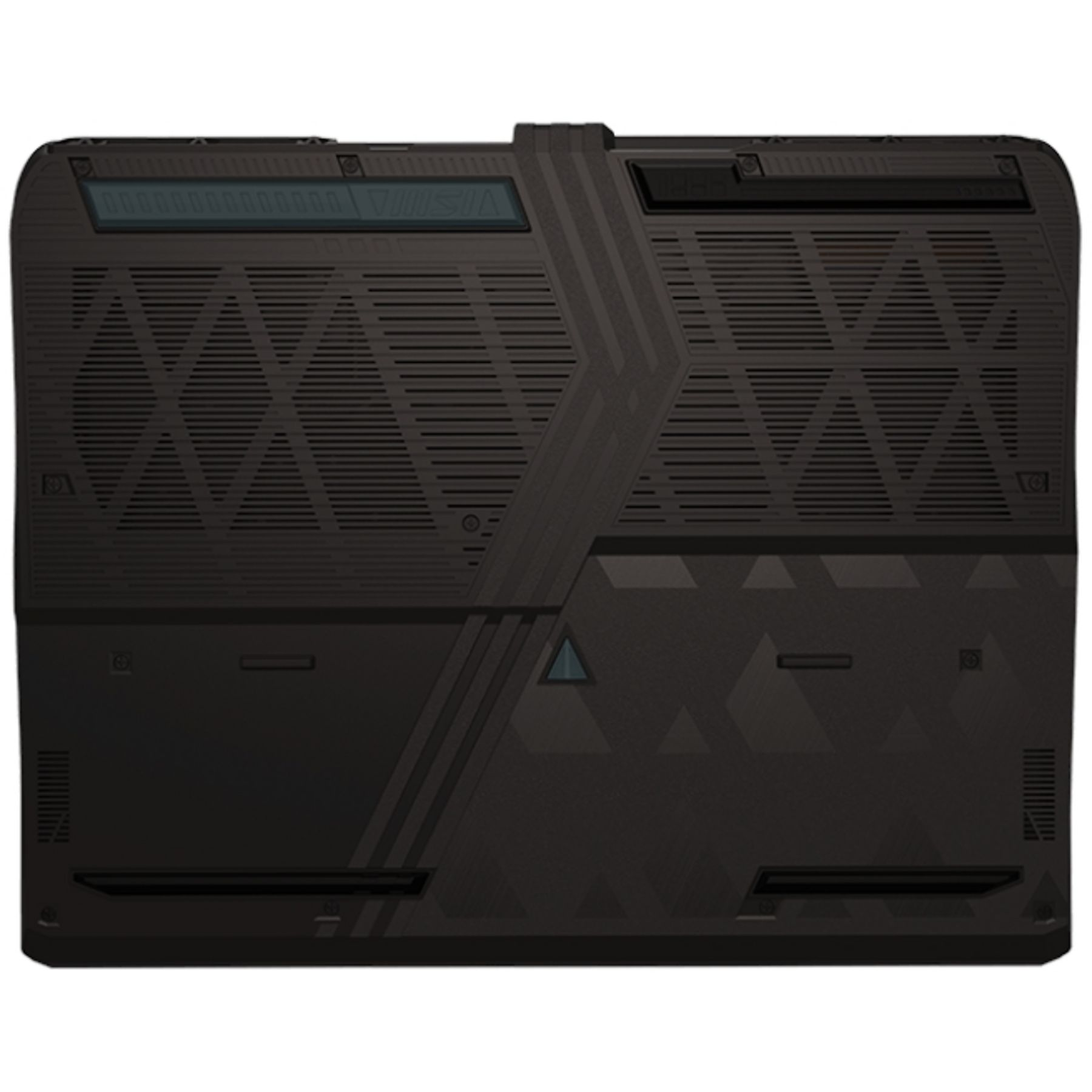 Retro di un laptop nero. Il retro ha un design geometrico con prese d'aria.