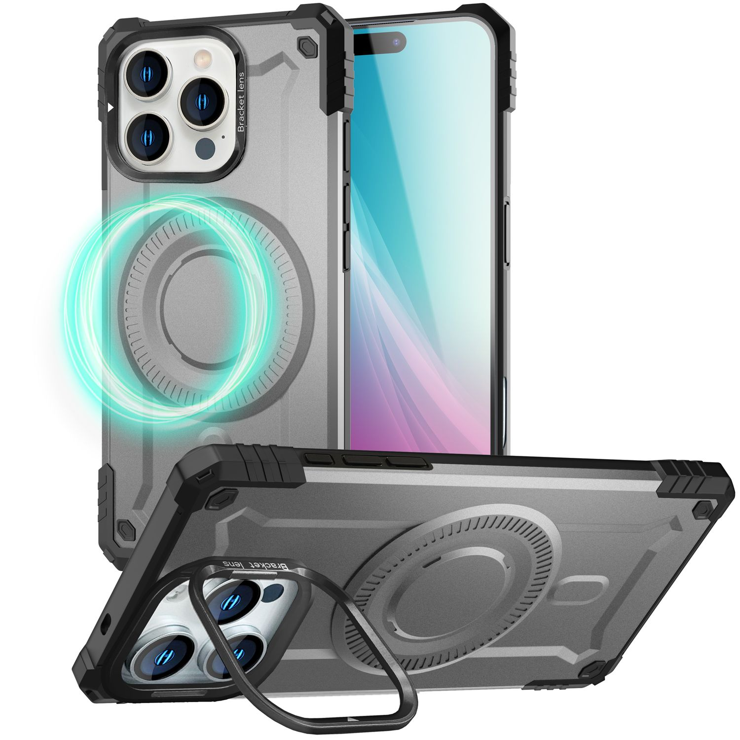 Graue Handyhülle mit Magnetring, drei Blickwinkel. Die Hülle liegt auf weißem Grund. Ein Telefon ist drin.