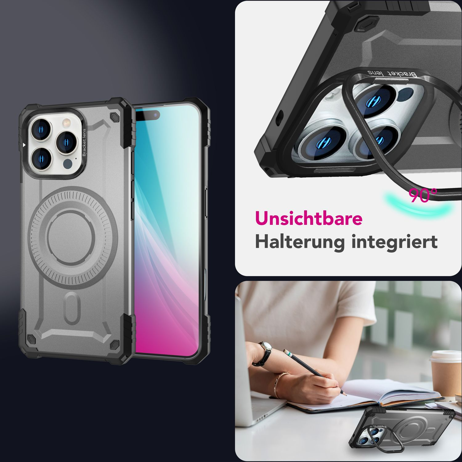 Handyhülle mit weißem Magnetring. Eine Frau schreibt. Text auf Deutsch: 'Unsichtbare Halterung'.
