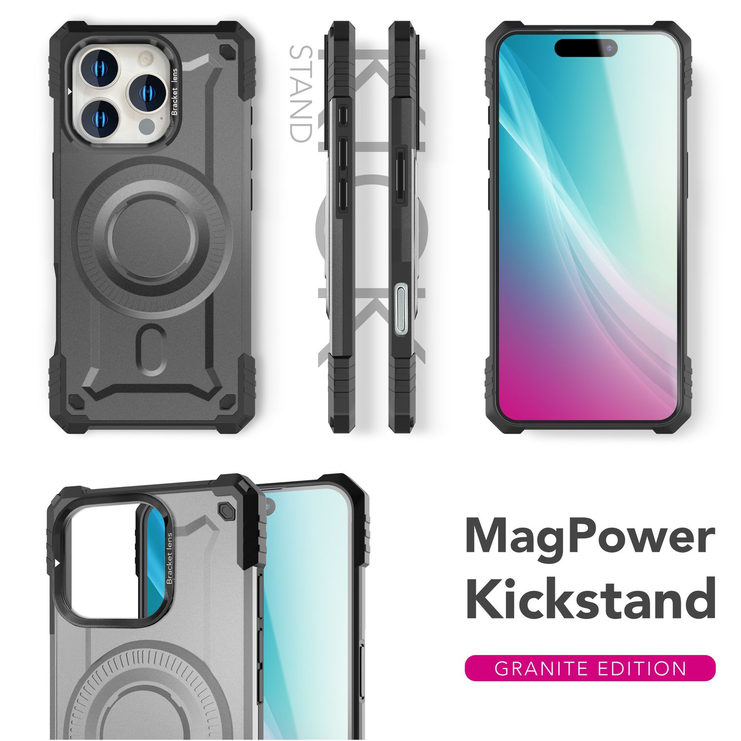 Handyhülle in verschiedenen Winkeln. Text: 'MagPower Kickstand', 'Granite Edition'. Graue Hülle mit Telefon.