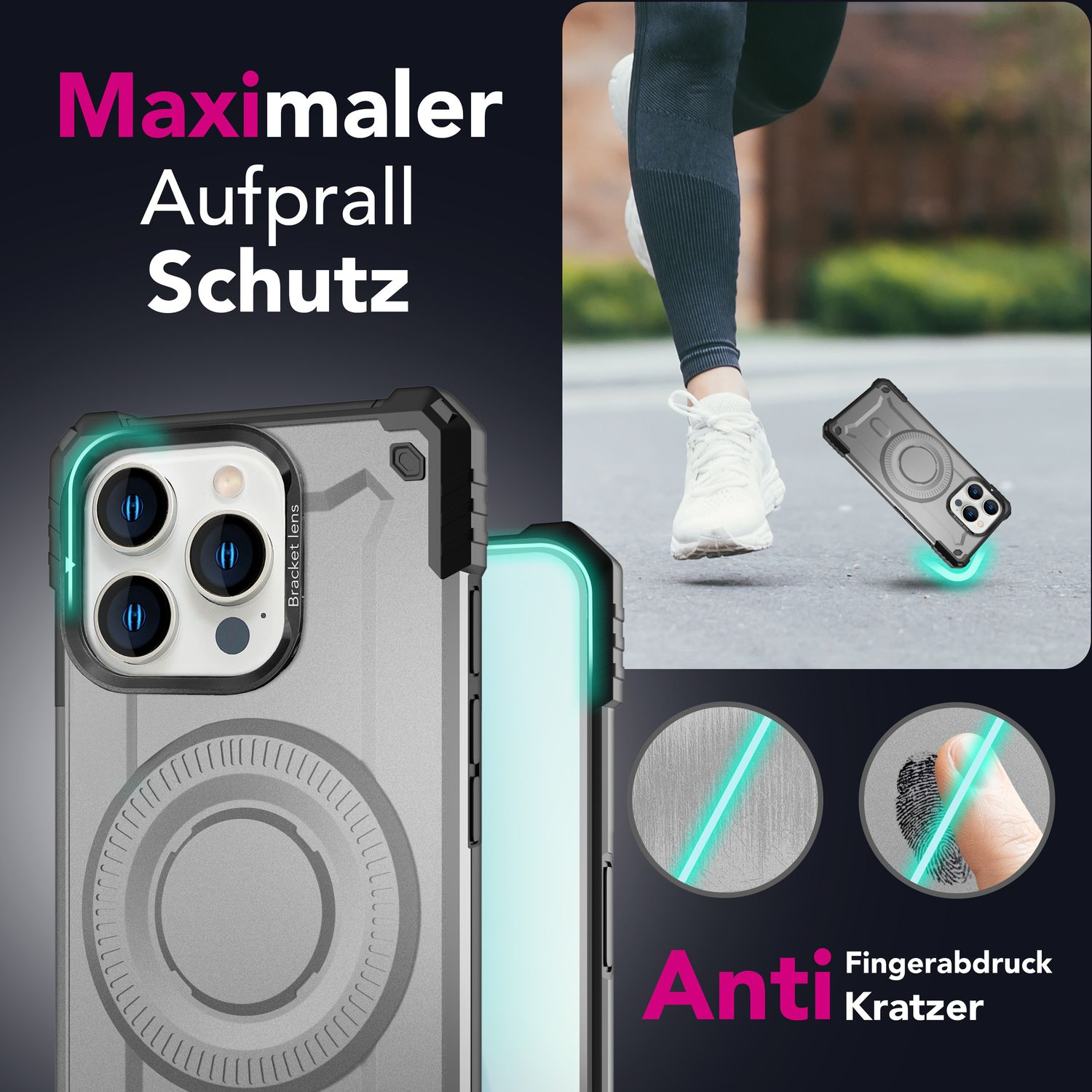 Graue Handyhülle. Beine eines Läufers. Text: 'Maximaler Aufprallschutz' und 'Anti-Fingerabdruck'.