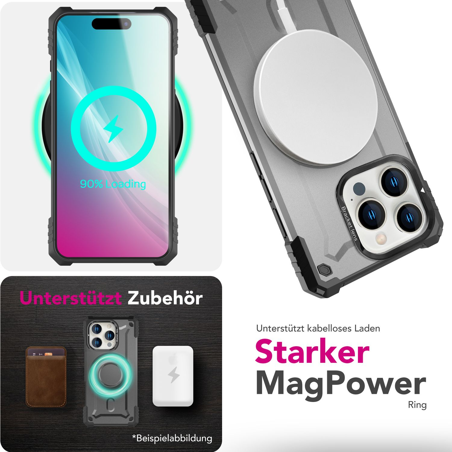 Graue Handyhülle mit Telefon. Text: 'Stärkerer MagPower Ring'. Unterstützt Zubehör.