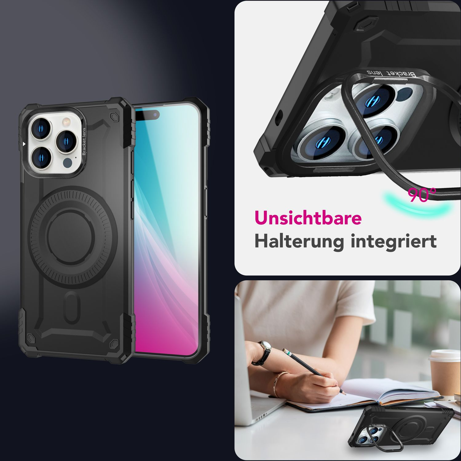 Schwarze Handyhülle mit Ring. Ein Telefon befindet sich in der Hülle. Text: 'Bracket Lens'.