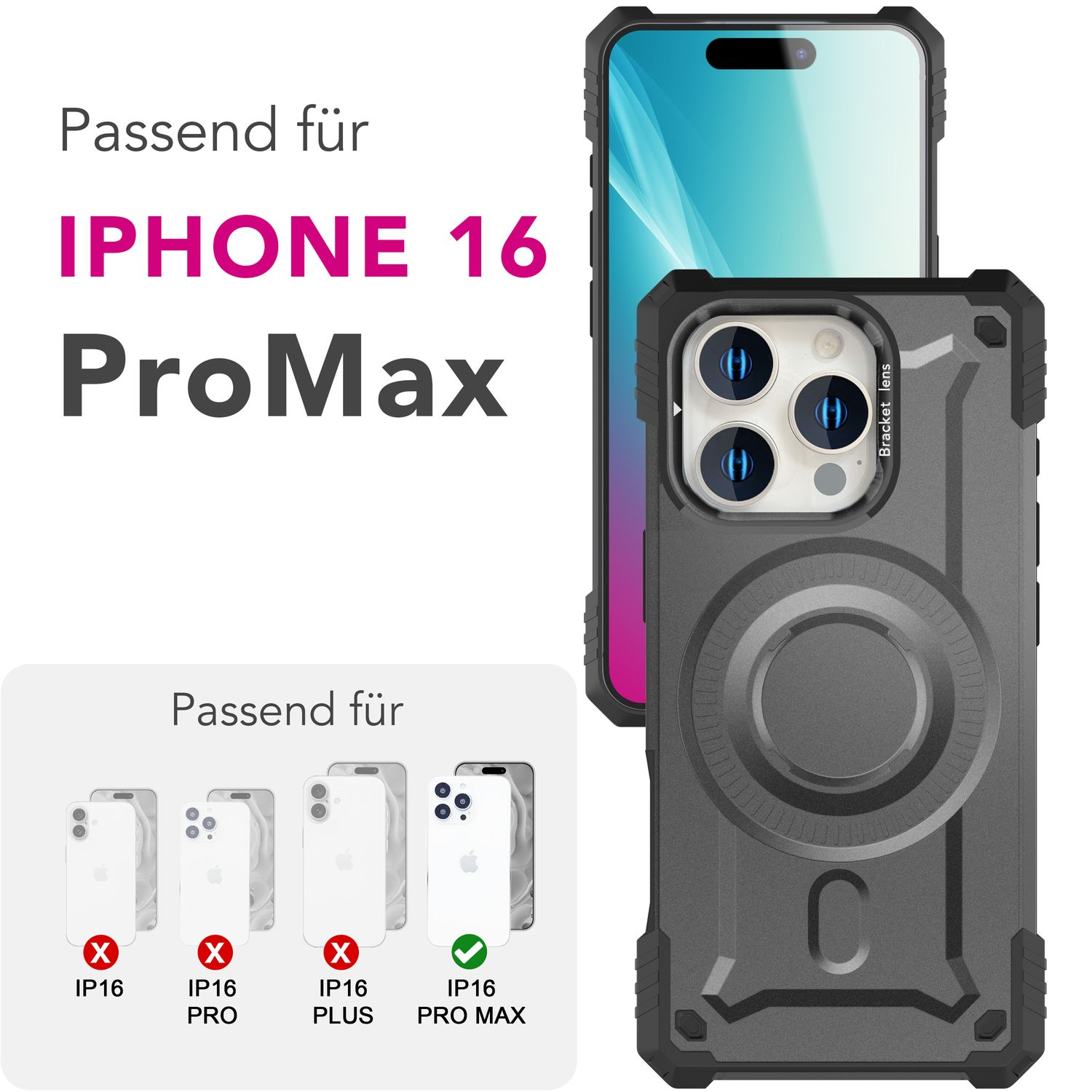 Schwarze Handyhülle mit Telefon. Text: 'IPHONE 16 Pro Max'. Telefonmodelle werden gezeigt.