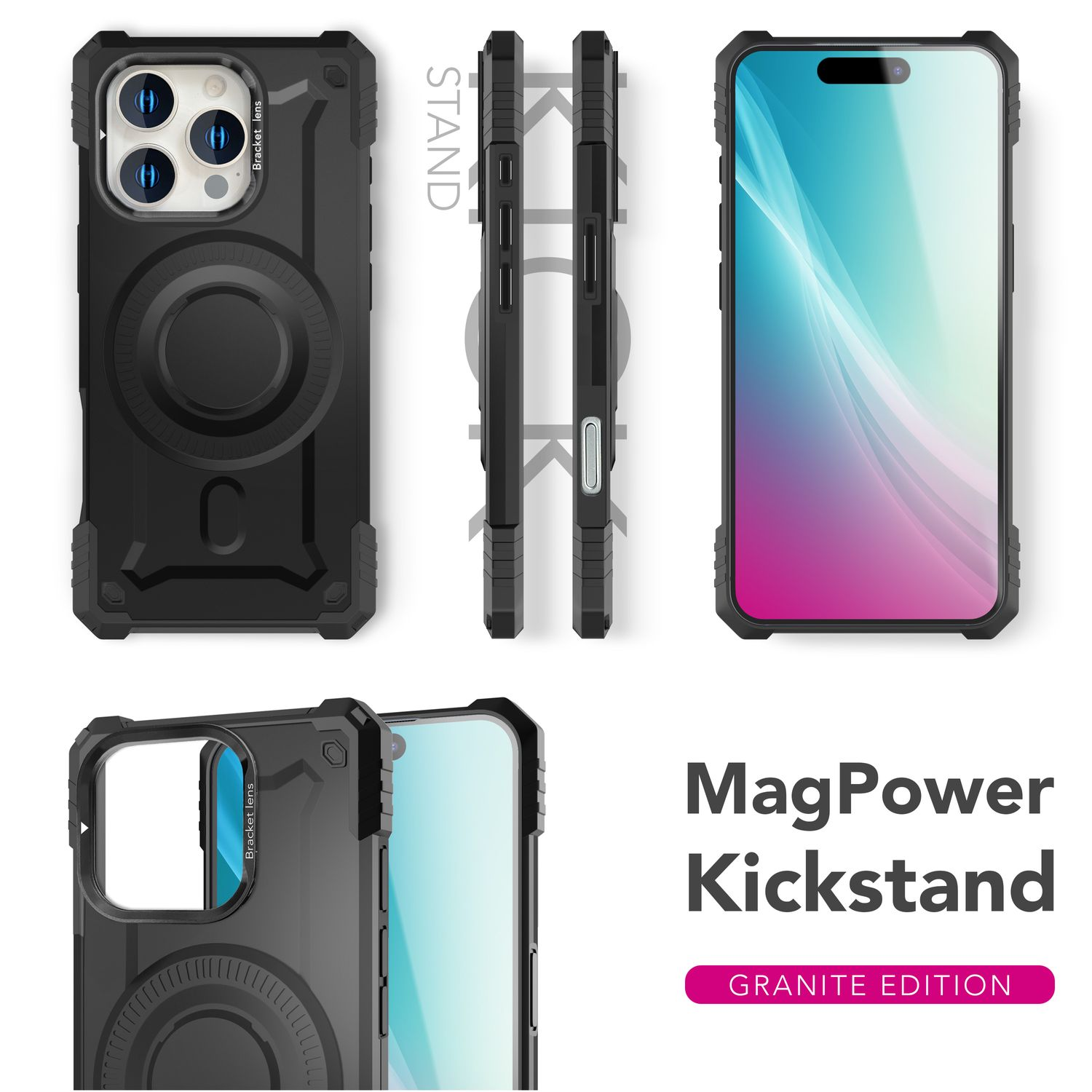 Bild zeigt eine schwarze Handyhülle in verschiedenen Ansichten. Die Hülle hat einen Ständer und ist mit 'MagPower Kickstand - Granite Edition' beschriftet.