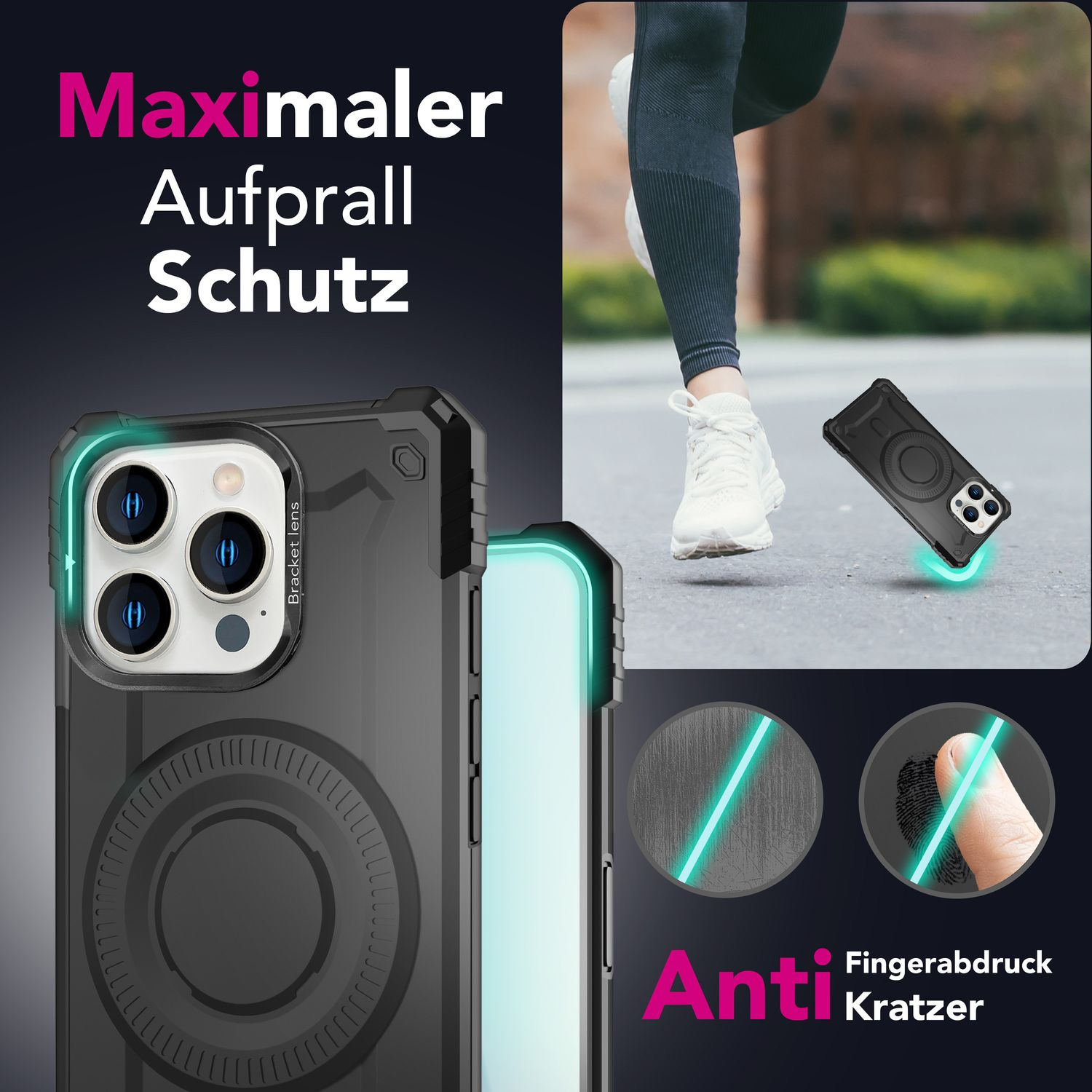 Bild zeigt eine schwarze Handyhülle. Text sagt 'Maximaler Aufprall Schutz' und 'Anti Kratzer'. Im Hintergrund rennt eine Person.