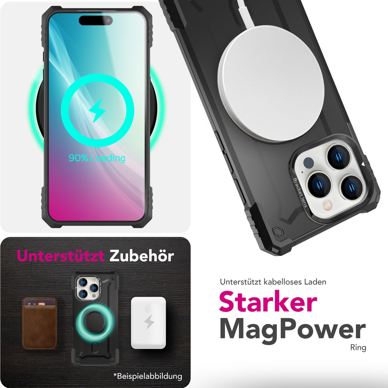Telefon mit schwarzer Hülle, kabelloses Laden. Bild zeigt Ladesymbol mit 90 %.