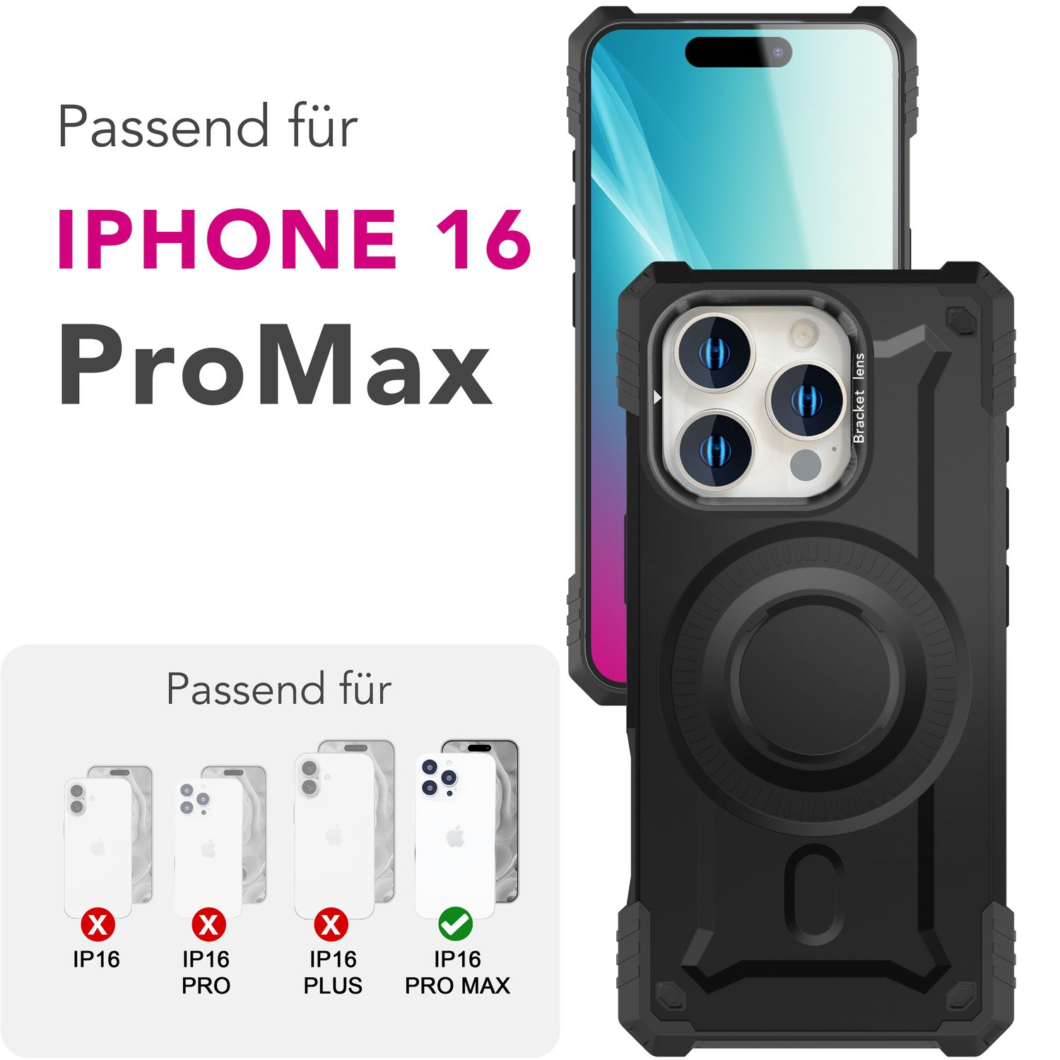 Bild zeigt eine Handyhülle mit Text 'IPHONE 16 ProMax'. Die Hülle ist schwarz und zeigt die Rückseite eines Telefons mit Kameralinsen.