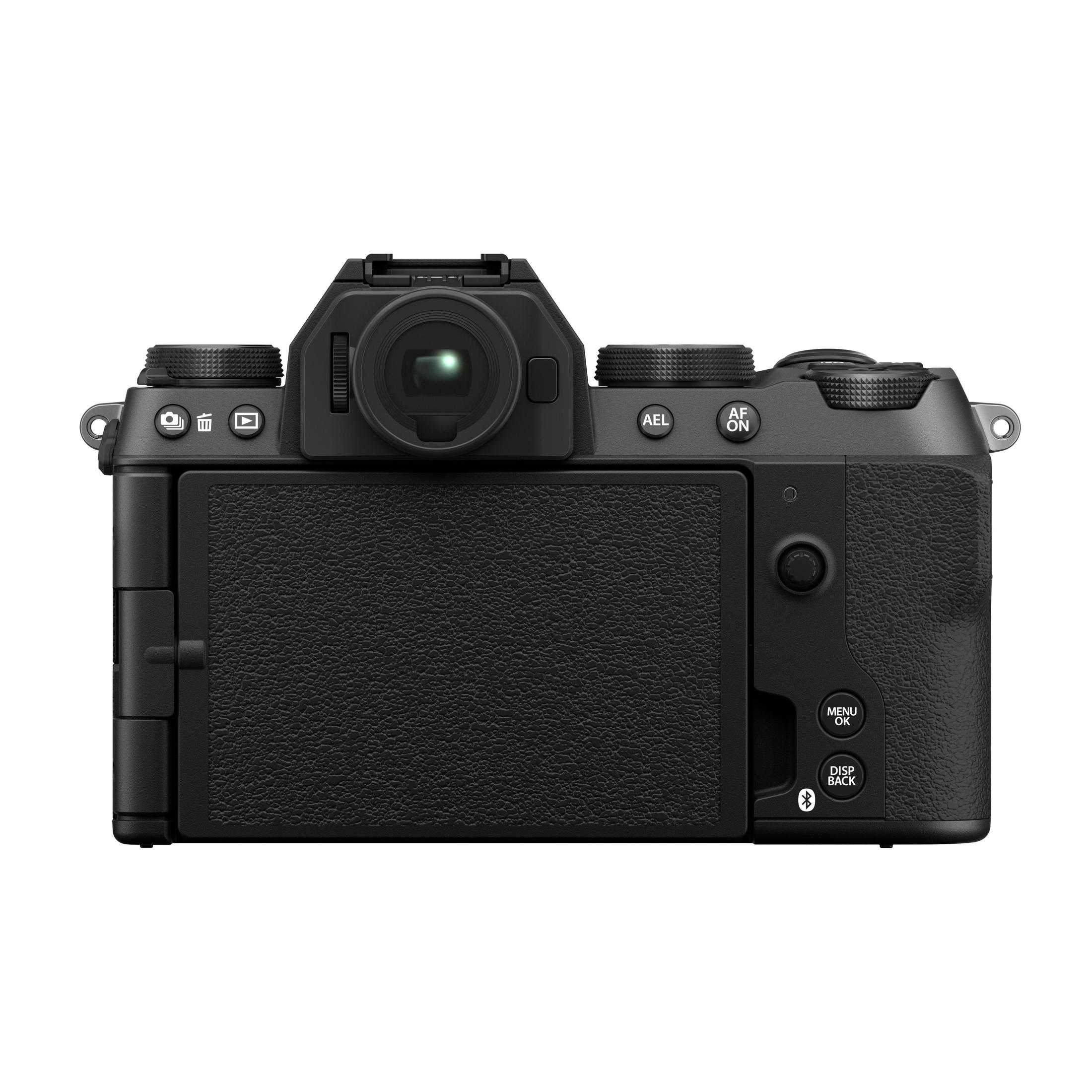 Retrocamera Fujifilm X-S20 nera. Schermo al centro. Diversi pulsanti visibili.