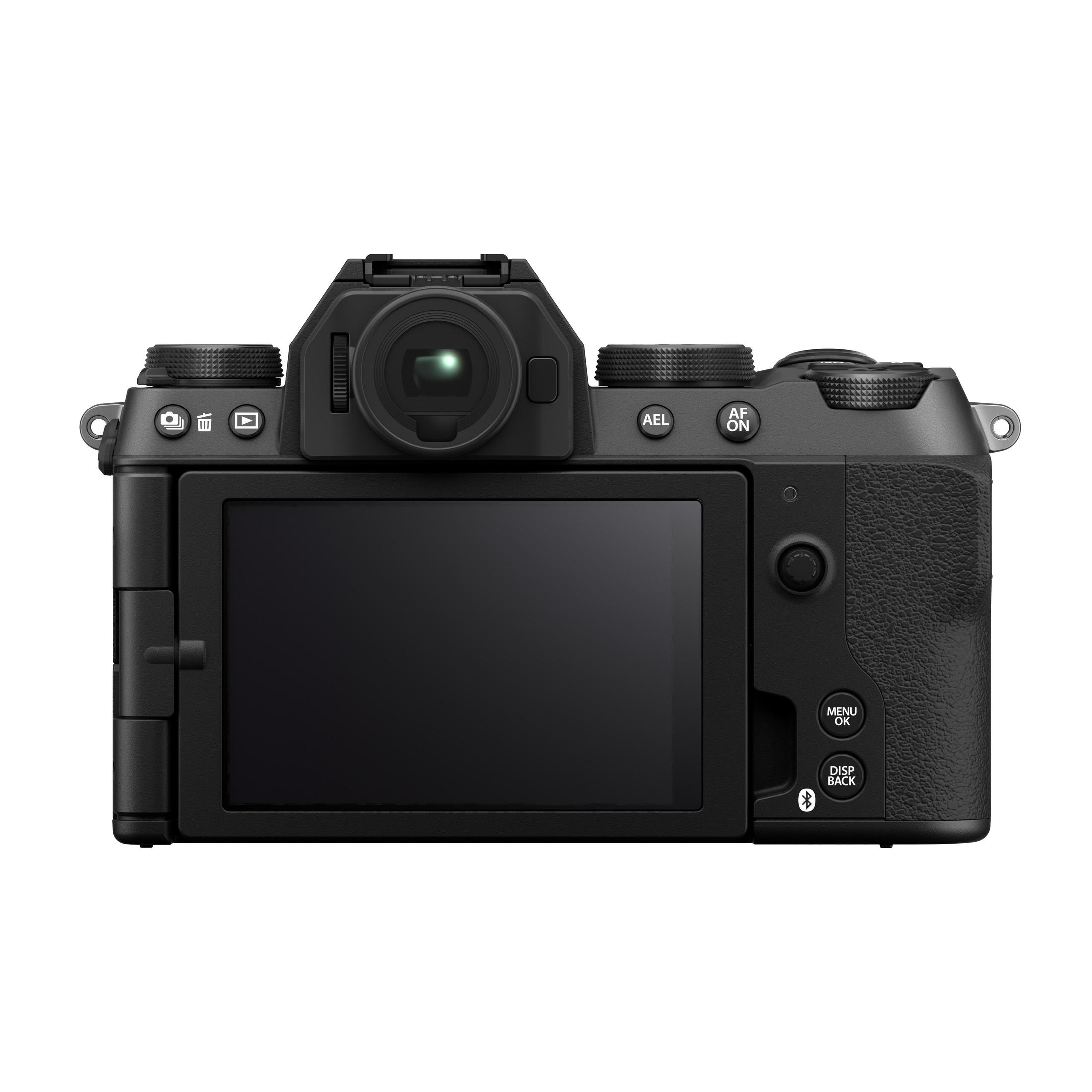 Retrocamera Fujifilm X-S20 nera. Schermo al centro. Diversi pulsanti visibili.