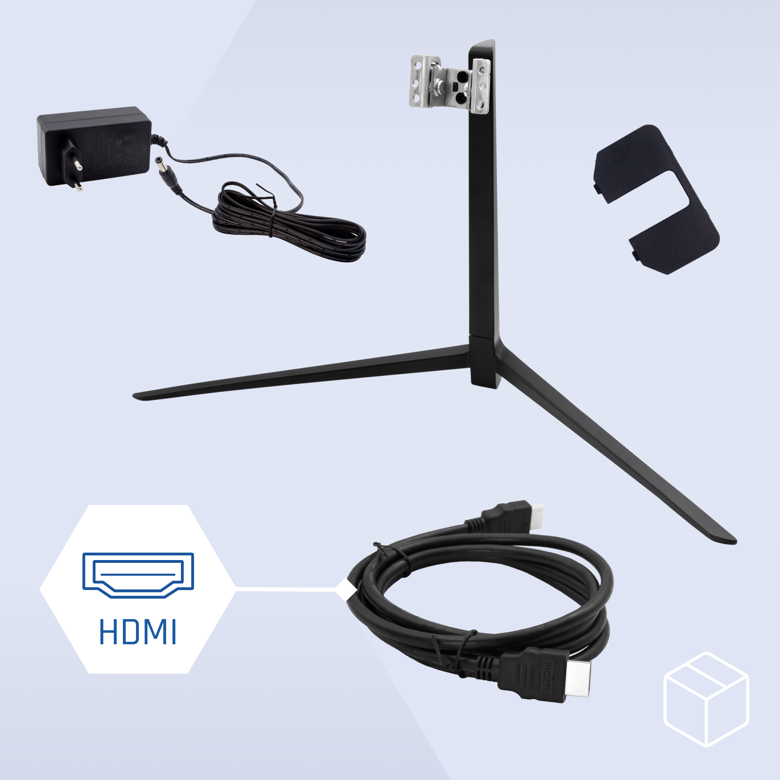 Diagramma con parti del supporto, adattatore di alimentazione, cavo HDMI e supporto.
