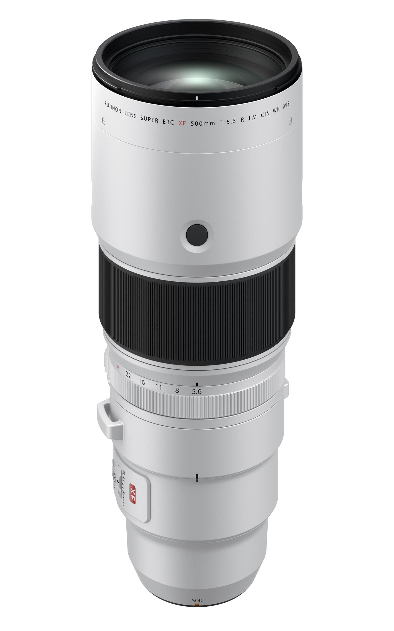 Witte Fujifilm lens. Zwarte grip en zilveren ringen.