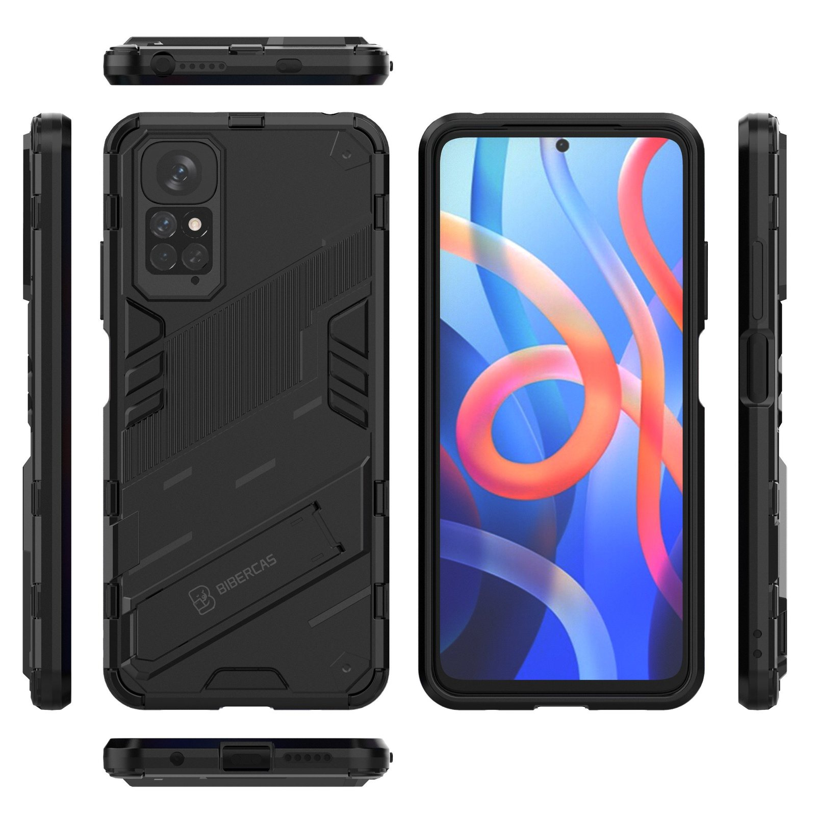 Partes de funda de teléfono negra y teléfono. Fondo blanco.
