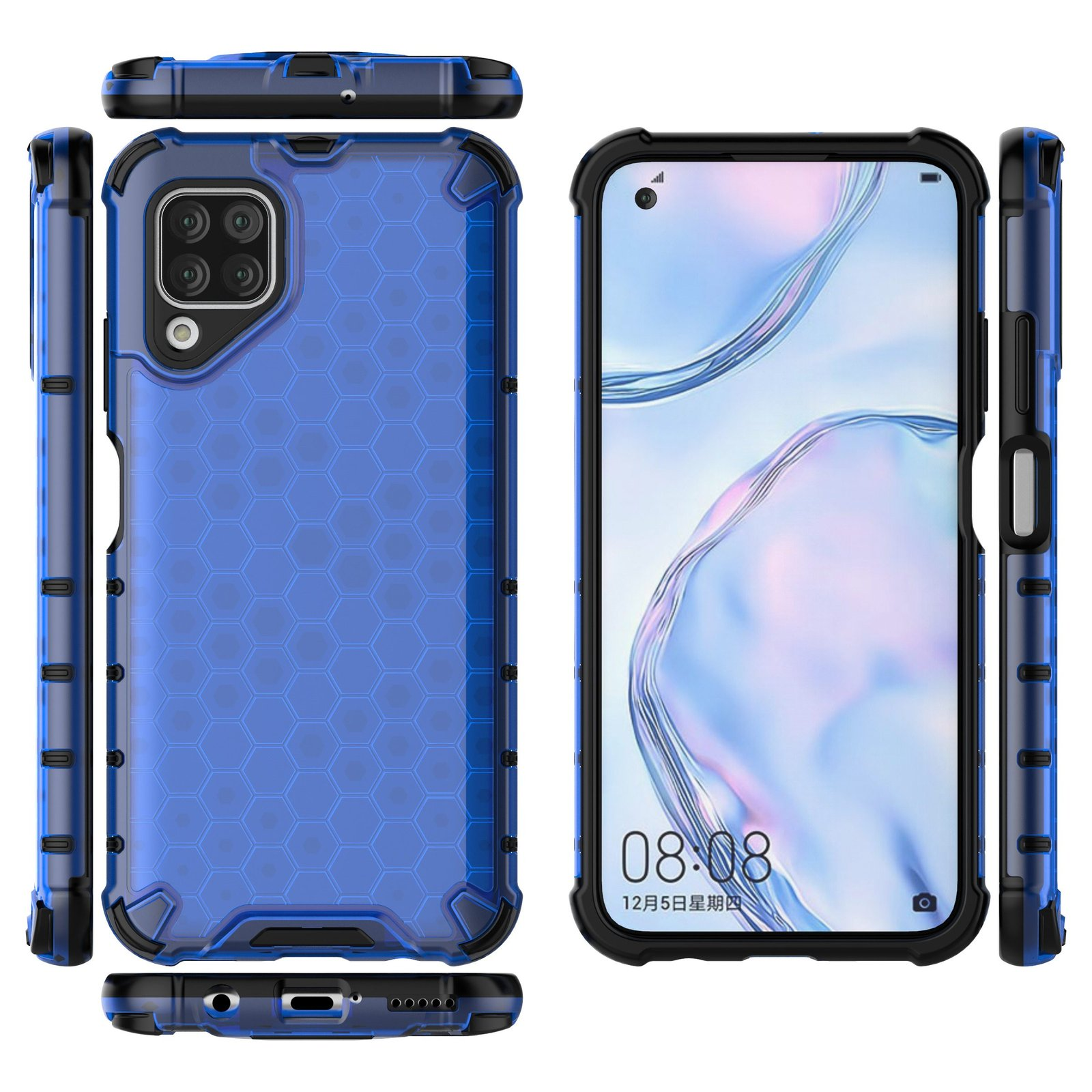Funda de teléfono azul con teléfono. Múltiples vistas de la funda. Borde negro.