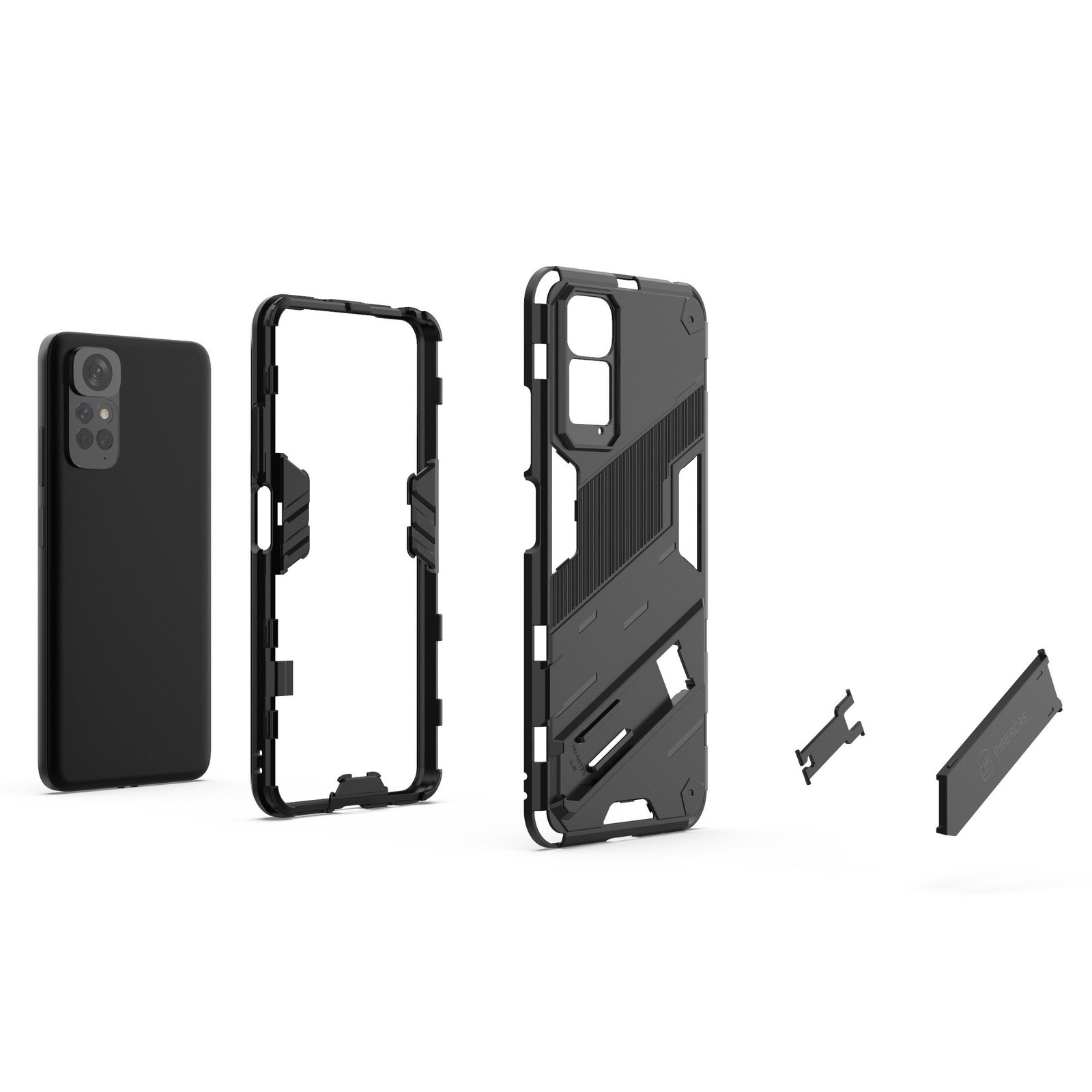 Partes de la funda del teléfono. Teléfono negro, funda y piezas de soporte. Fondo blanco.